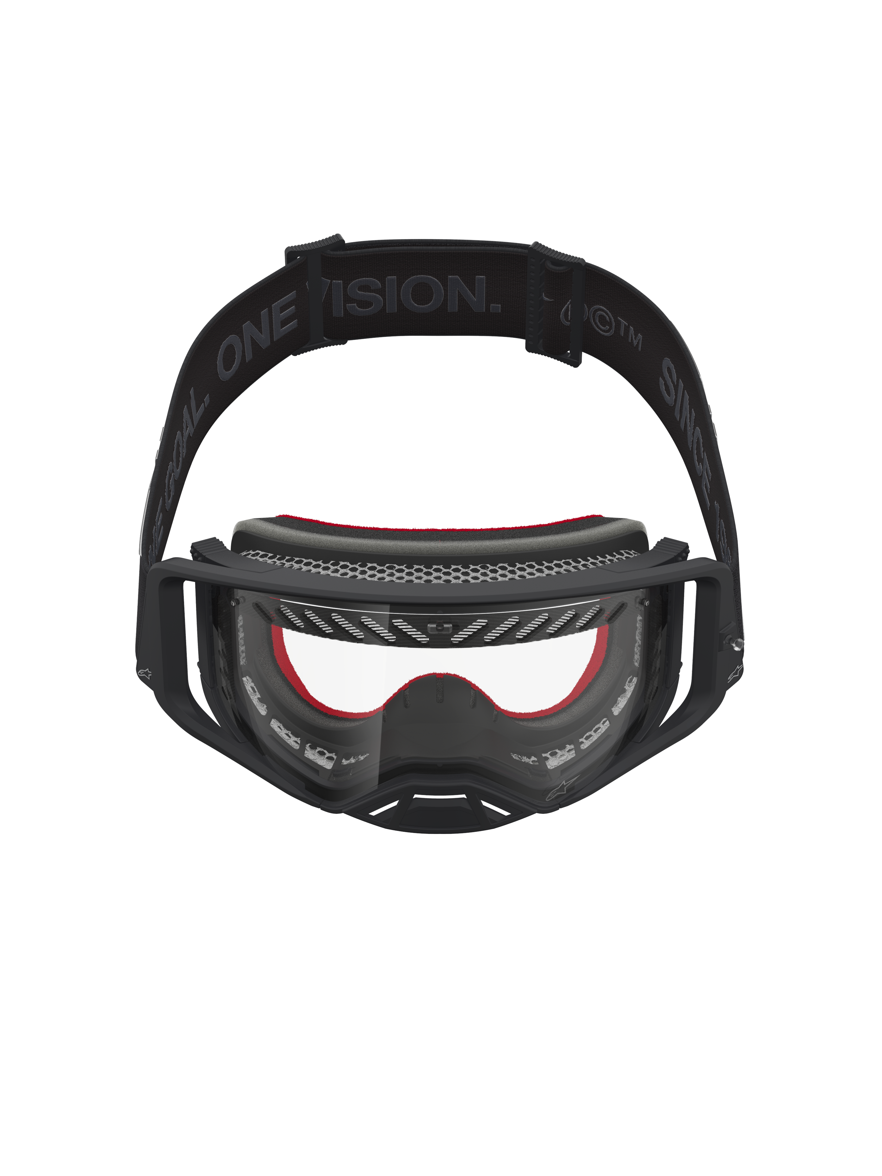 Alpinestars Supertech Vesta Goggles, black and red motocross goggles with clear polycarbonate lens for off-road racing.