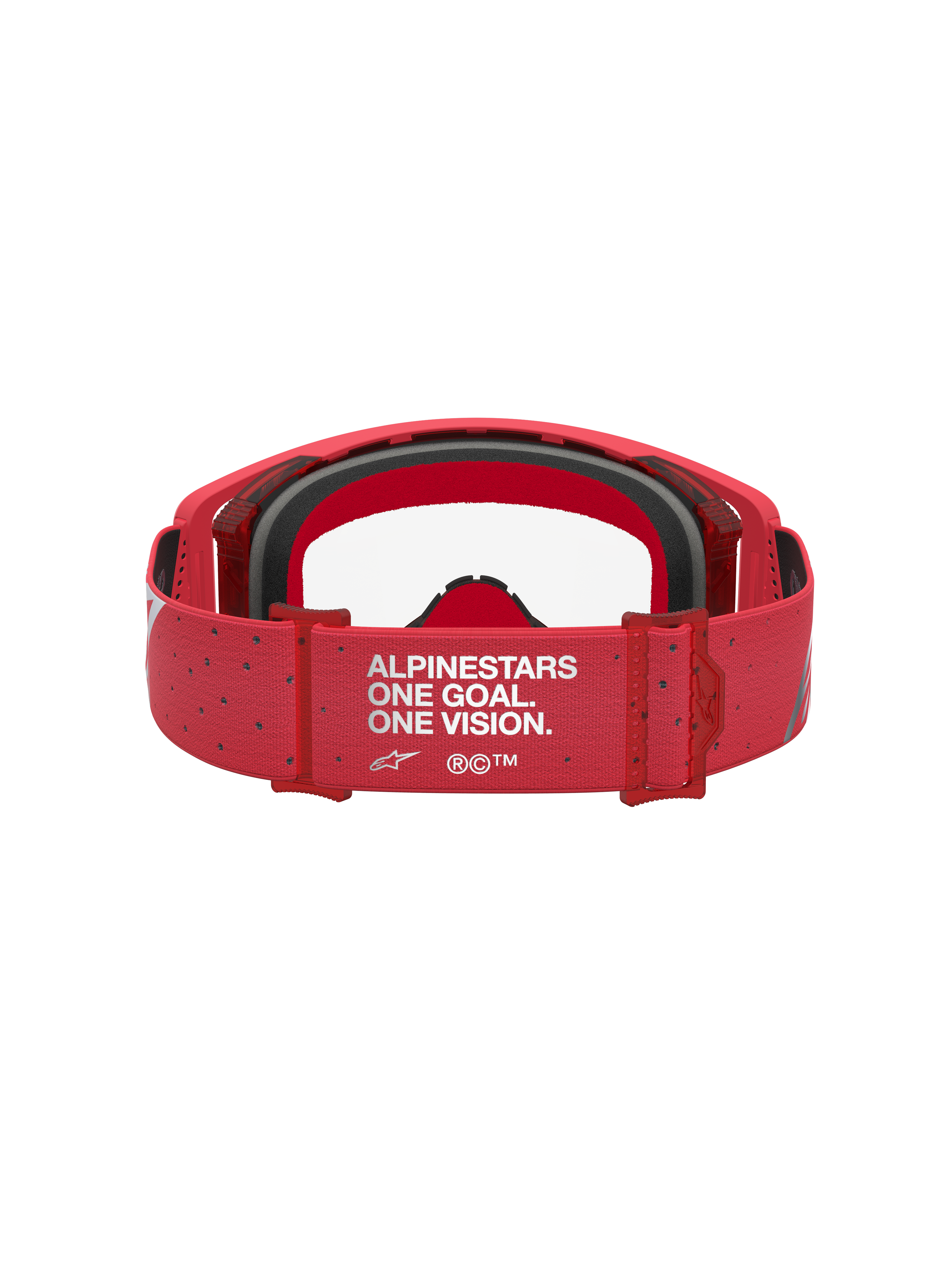 Alpinestars Supertech Vesta Goggles, motocrossgoggles til off-road, rød, set bagfra med One Goal One Vision-mærket strop