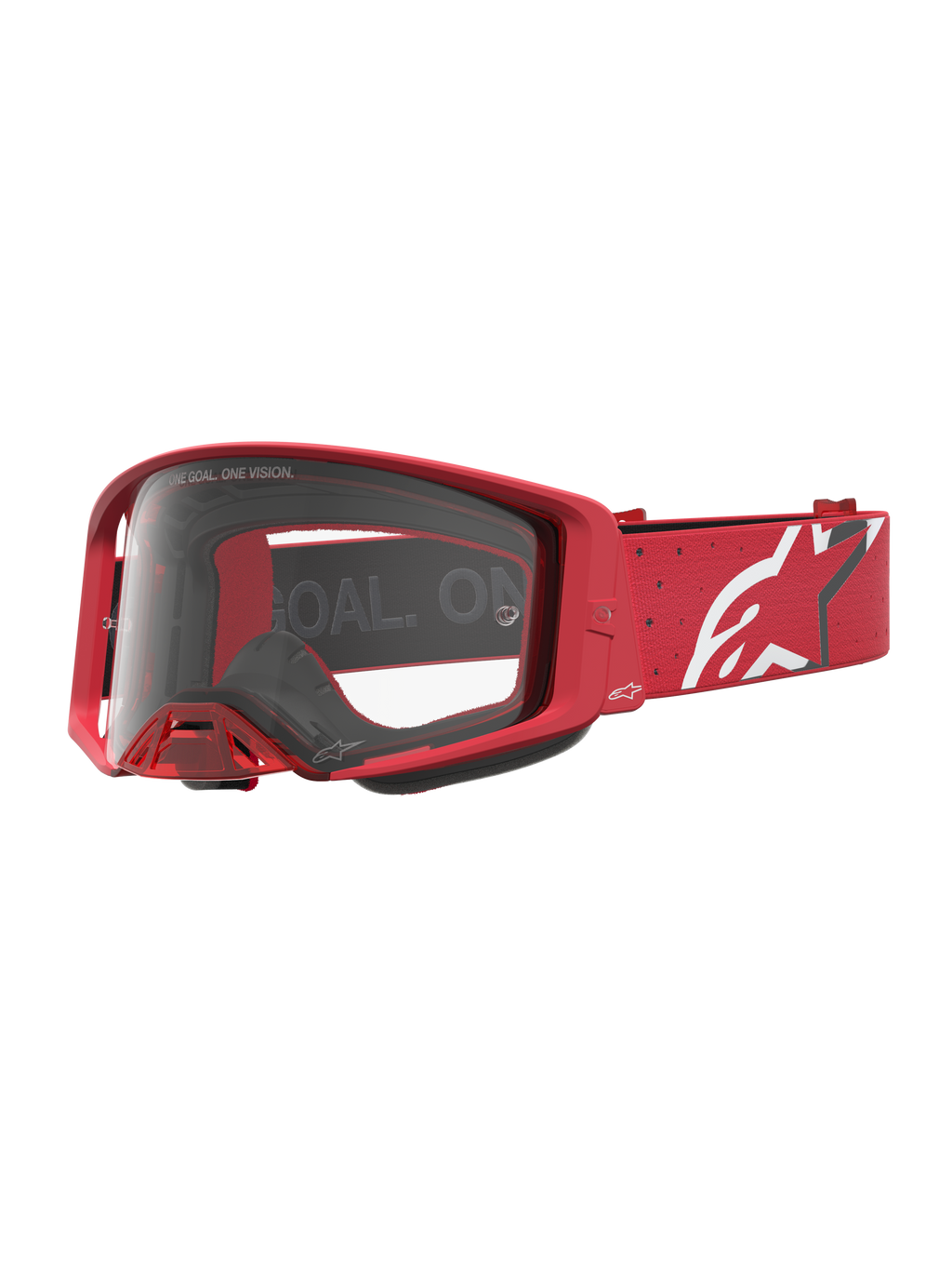Alpinestars Supertech Vesta Goggles, røde motocrossgoggles, klar polykarbonatlinse og hvidt stjernelogo på stroppen.