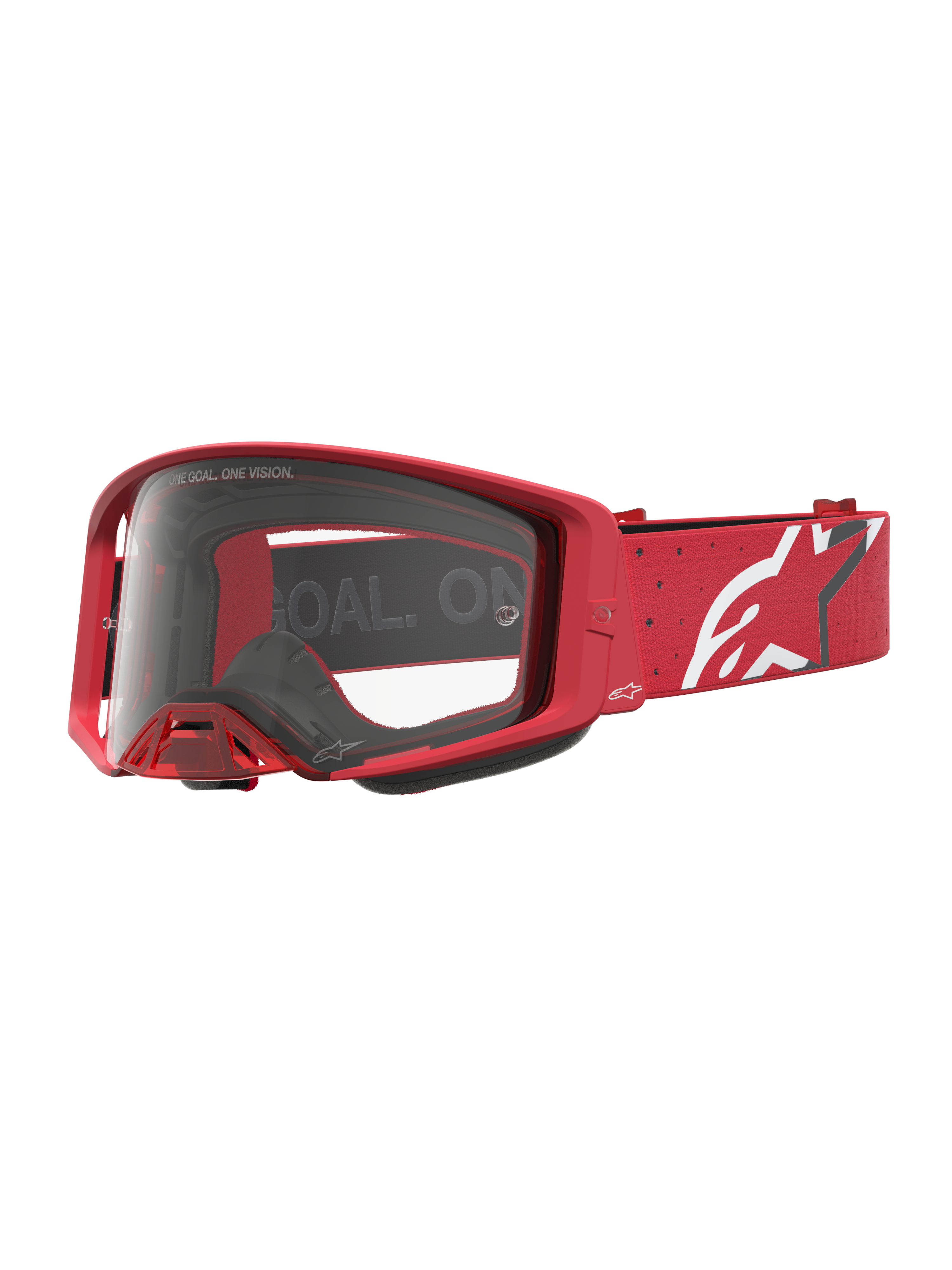 Alpinestars Supertech Vesta Goggles, røde motocrossgoggles, klar polykarbonatlinse og hvidt stjernelogo på stroppen.