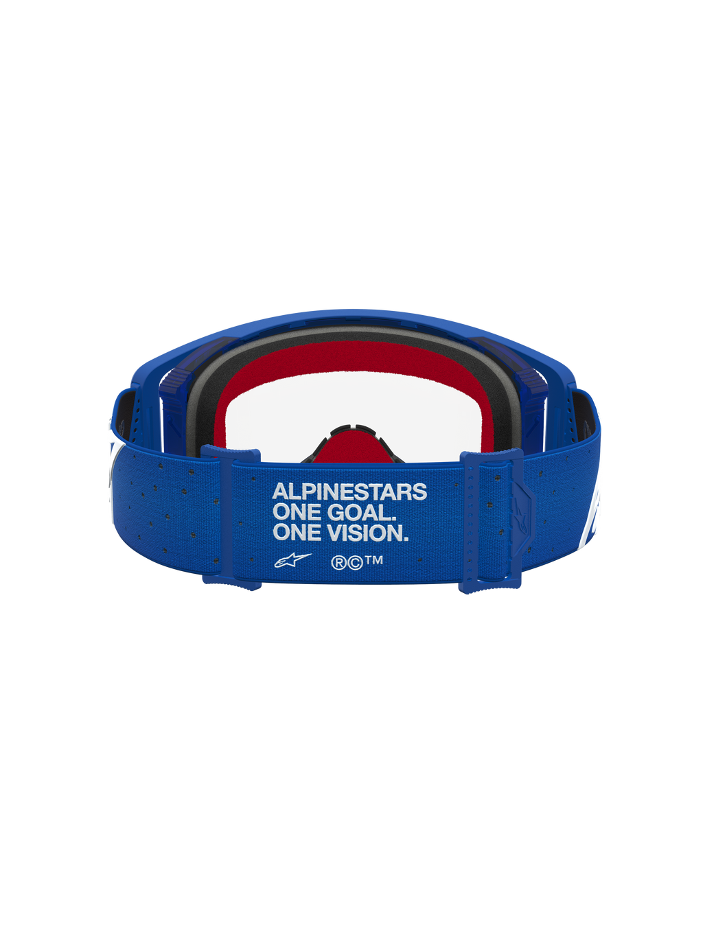 Alpinestars Supertech Vesta goggles, motocrossgoggles til racing, blå og hvid med rød skum og mærket rem.