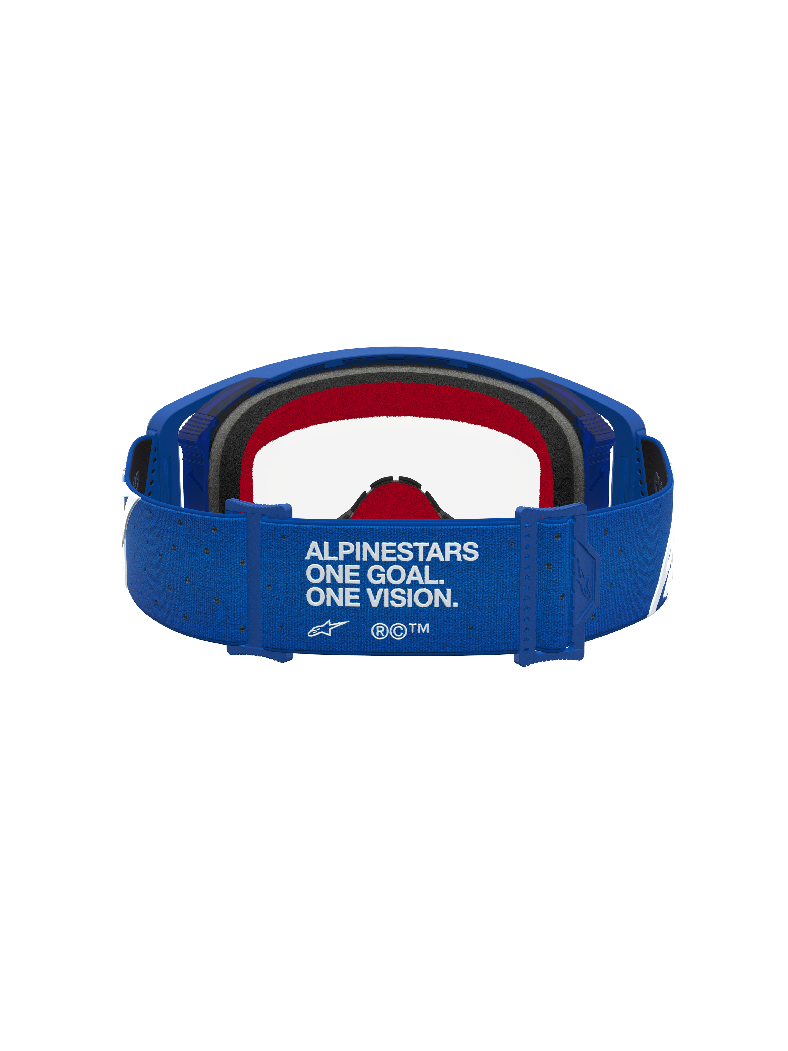 Alpinestars Supertech Vesta goggles, motocrossgoggles til racing, blå og hvid med rød skum og mærket rem.