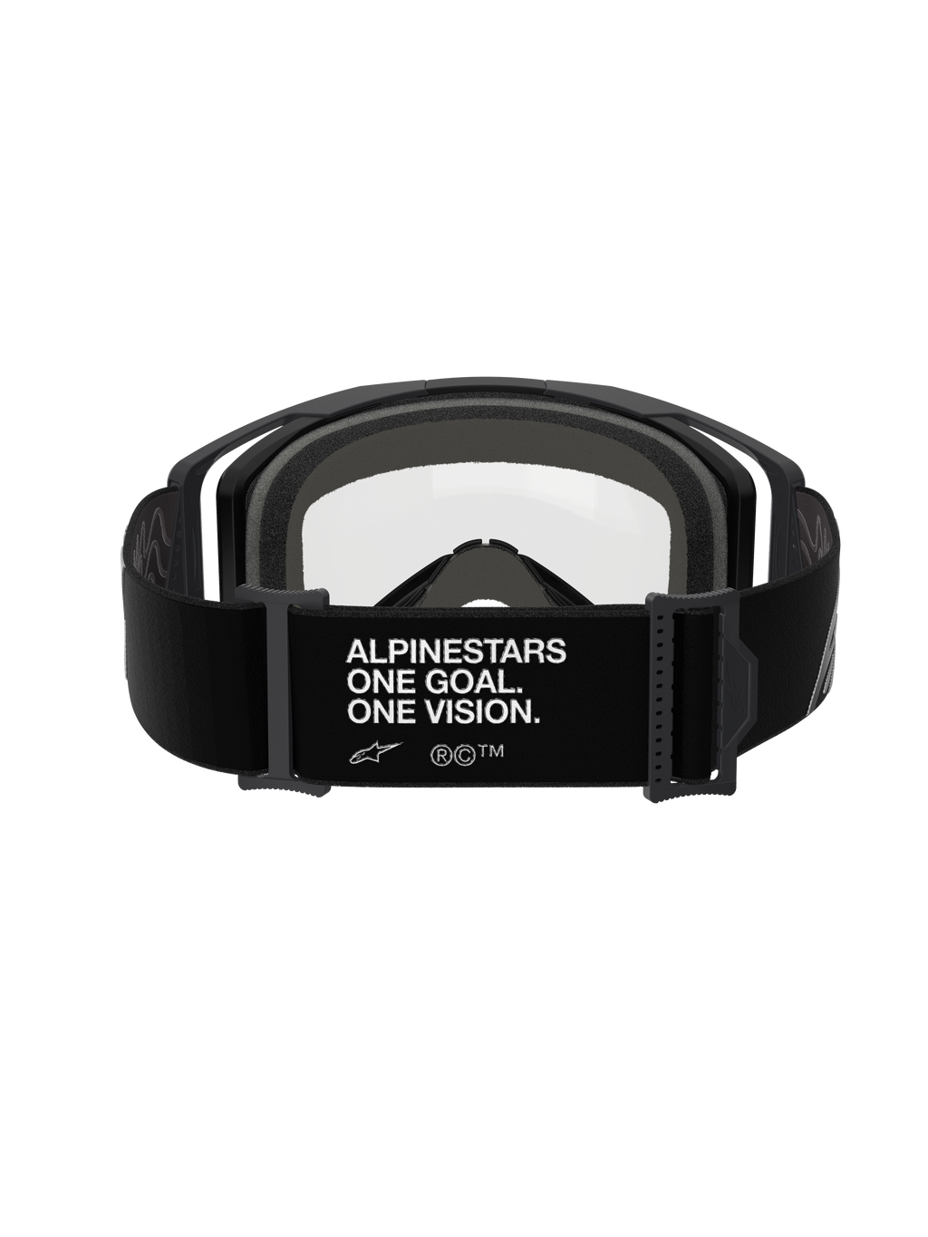 Alpinestars Vision 8 Corp Goggles - Dual Pane, Black Clear, set bagfra med bred sort strop med hvid 'ALPINESTARS ONE GOAL. ONE VISION.' branding, sort ramme med klar polycarbonat linse og tykt gråt flerlags ansigtsskum, professionelle motocross-briller