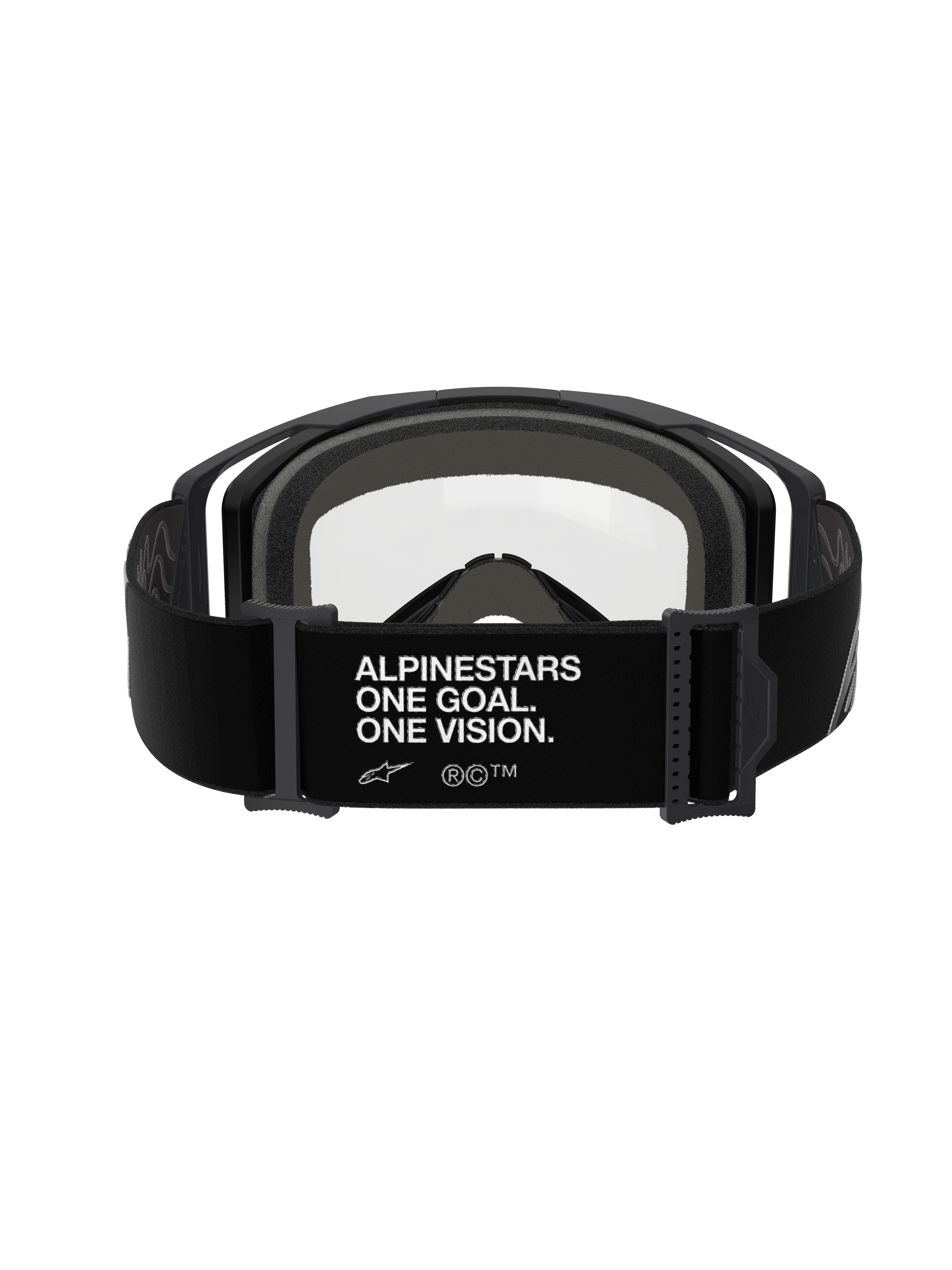 Alpinestars Vision 8 Corp Goggles - Dual Pane, Black Clear, set bagfra med bred sort strop med hvid 'ALPINESTARS ONE GOAL. ONE VISION.' branding, sort ramme med klar polycarbonat linse og tykt gråt flerlags ansigtsskum, professionelle motocross-briller