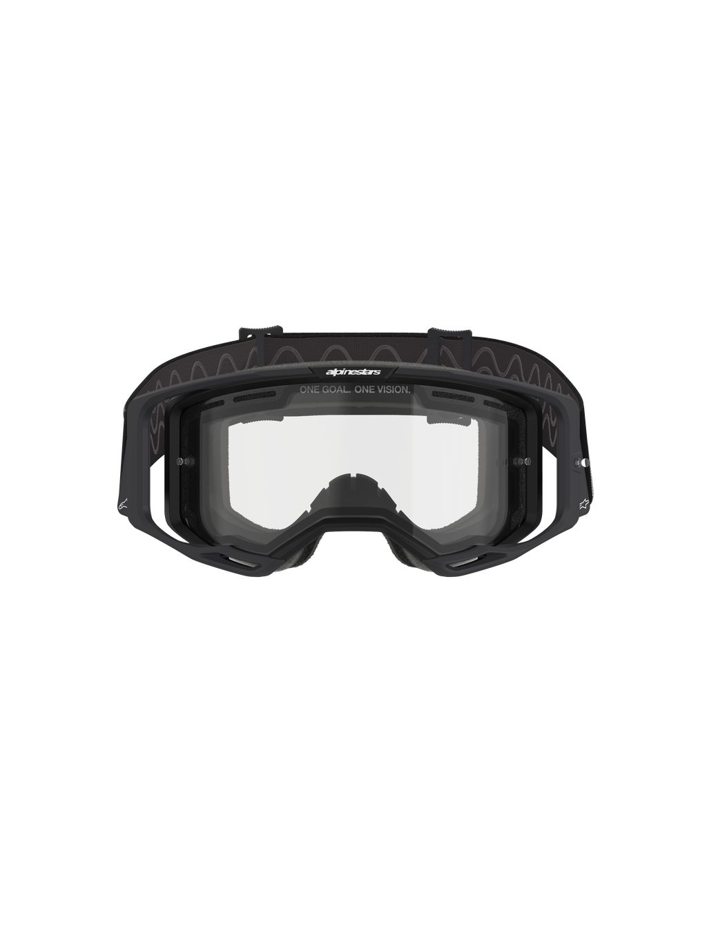 Alpinestars Vision 8 Corp Goggles - Dual Pane, motocross-briller, sort ramme med klar dual-pane linse, set forfra med outriggers og "ONE GOAL. ONE VISION."-branding, teknisk øjenbeskyttelse til terrænkørsel
