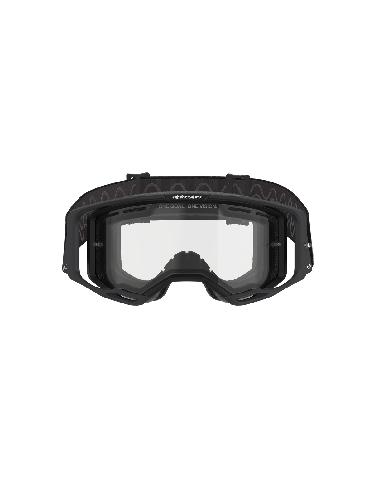 Alpinestars Vision 8 Corp Goggles - Dual Pane, motocross-briller, sort ramme med klar dual-pane linse, set forfra med outriggers og "ONE GOAL. ONE VISION."-branding, teknisk øjenbeskyttelse til terrænkørsel