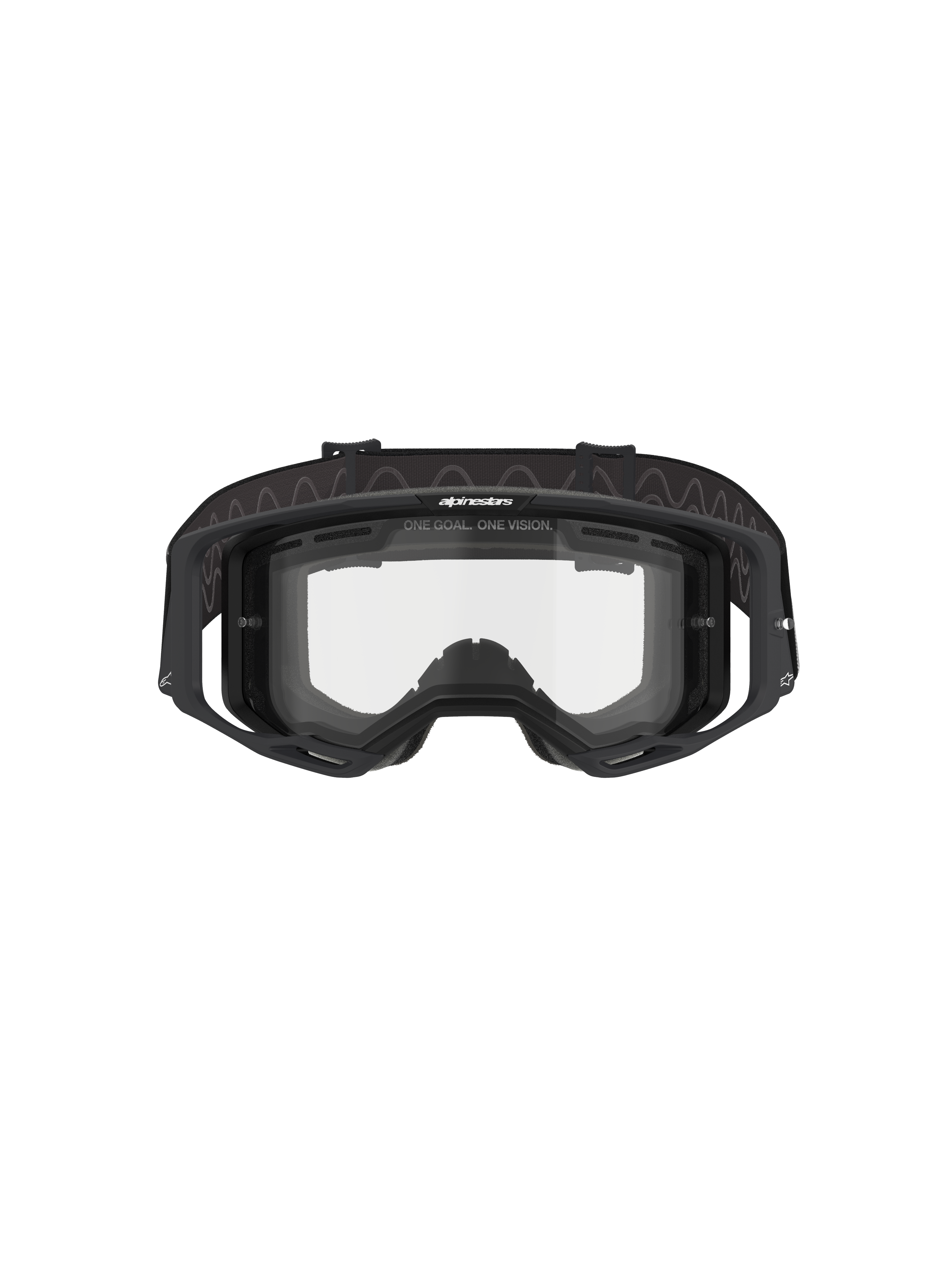 Alpinestars Vision 8 Corp Goggles - Dual Pane, motocross-briller, sort ramme med klar dual-pane linse, set forfra med outriggers og "ONE GOAL. ONE VISION."-branding, teknisk øjenbeskyttelse til terrænkørsel