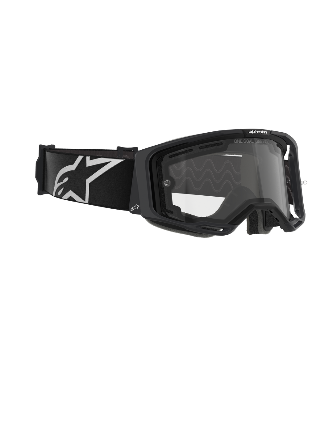 Alpinestars Vision 8 Corp Goggles, Dual Pane, motocross-briller, sort ramme med klar linse, bred sort strop med et stort hvidt Alpinestars-logo, teknisk øjenbeskyttelse til off-road kørsel