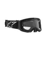 Alpinestars Vision 8 Corp Goggles, Dual Pane, motocross-briller, sort ramme med klar linse, bred sort strop med et stort hvidt Alpinestars-logo, teknisk øjenbeskyttelse til off-road kørsel