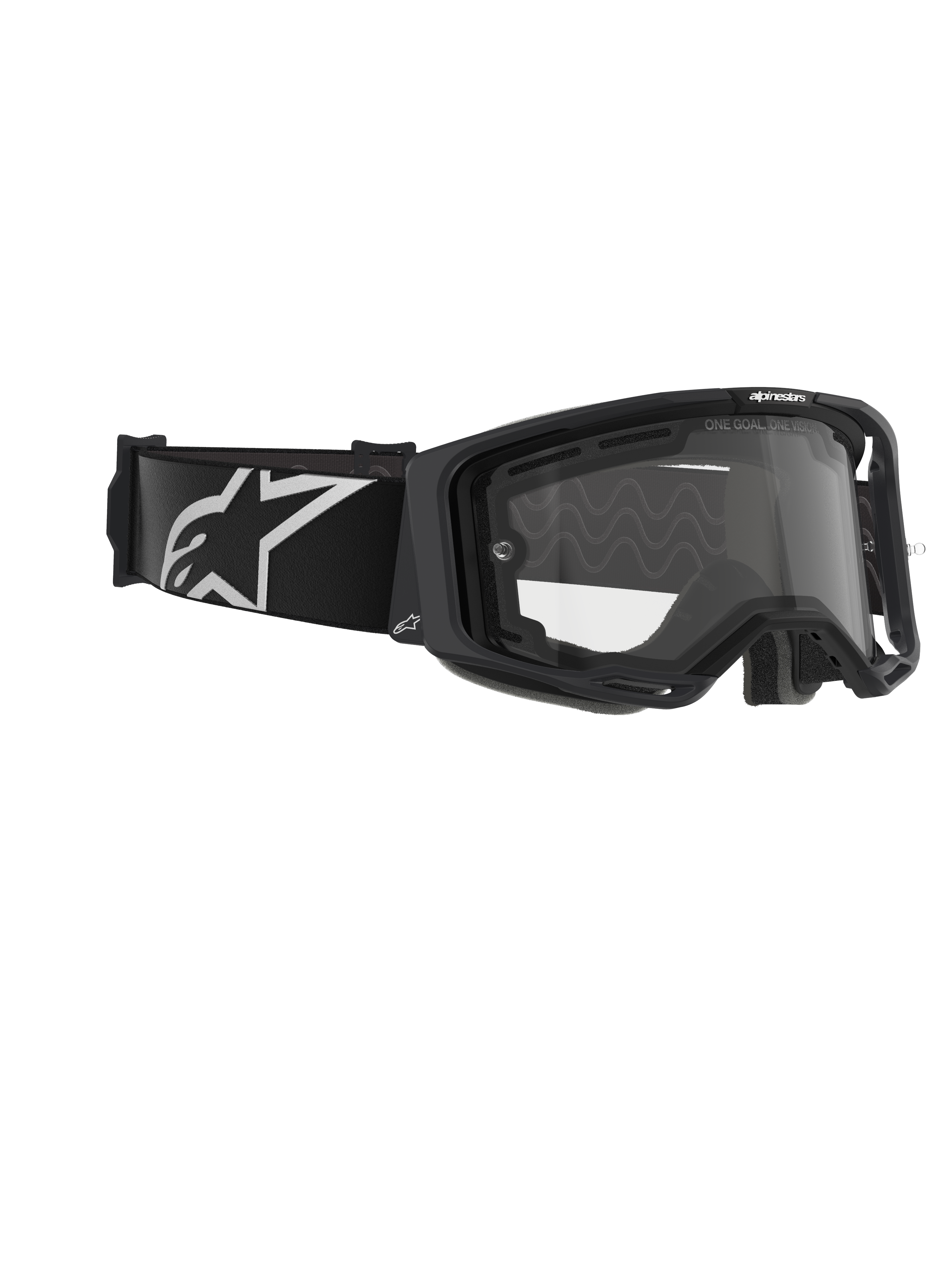 Alpinestars Vision 8 Corp Goggles, Dual Pane, motocross-briller, sort ramme med klar linse, bred sort strop med et stort hvidt Alpinestars-logo, teknisk øjenbeskyttelse til off-road kørsel