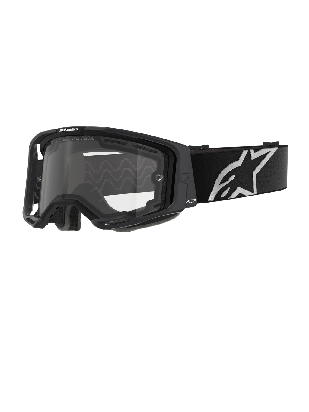 Alpinestars Vision 8 Corp Goggles - Dual Pane, motocross-briller, sort ramme med klar dual-pane linse, bred sort strop med hvidt Alpinestars stjerne-logo, strømlinet design med ventilationskanaler til off-road racing.