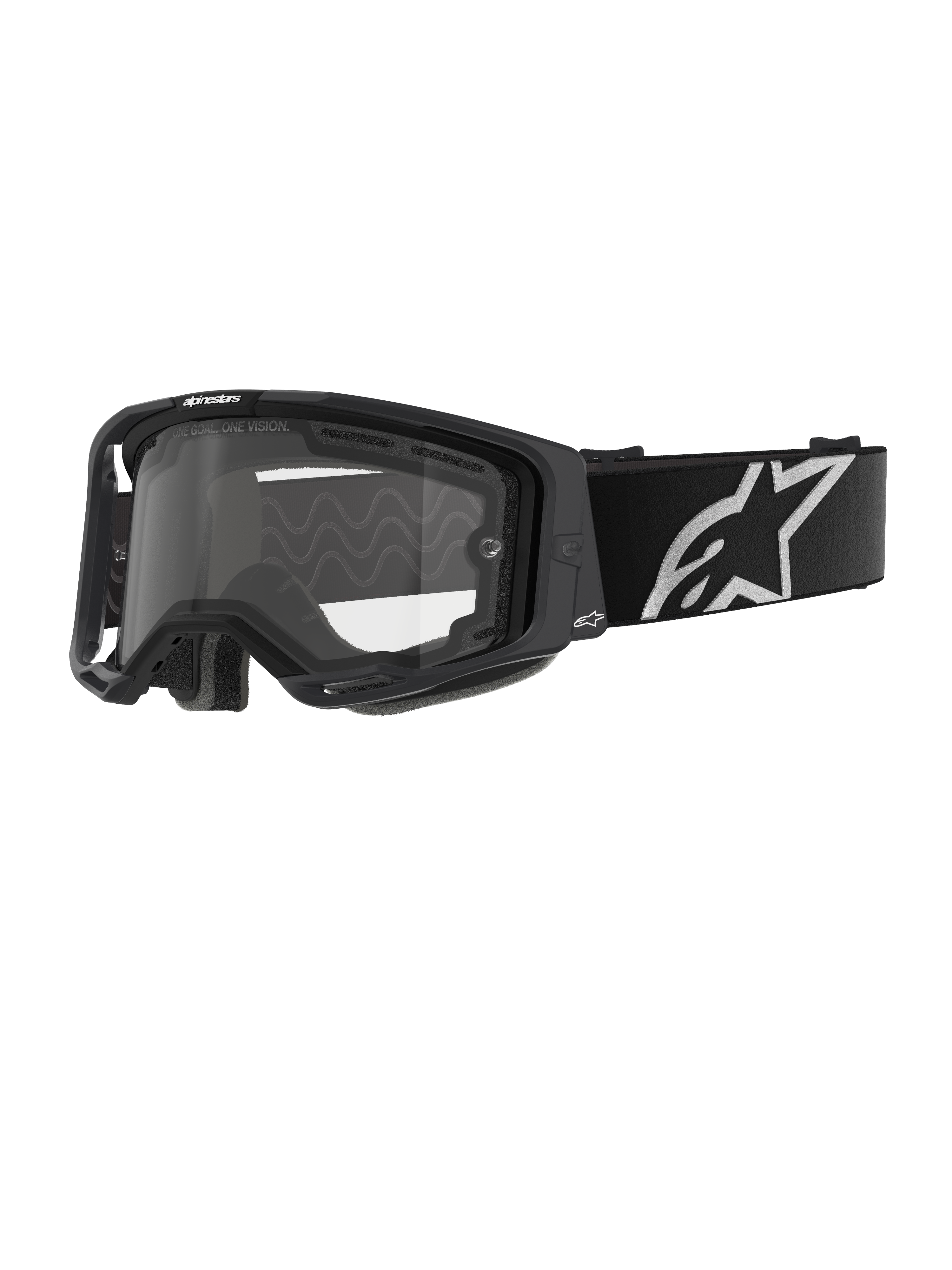 Alpinestars Vision 8 Corp Goggles - Dual Pane, motocross-briller, sort ramme med klar dual-pane linse, bred sort strop med hvidt Alpinestars stjerne-logo, strømlinet design med ventilationskanaler til off-road racing.