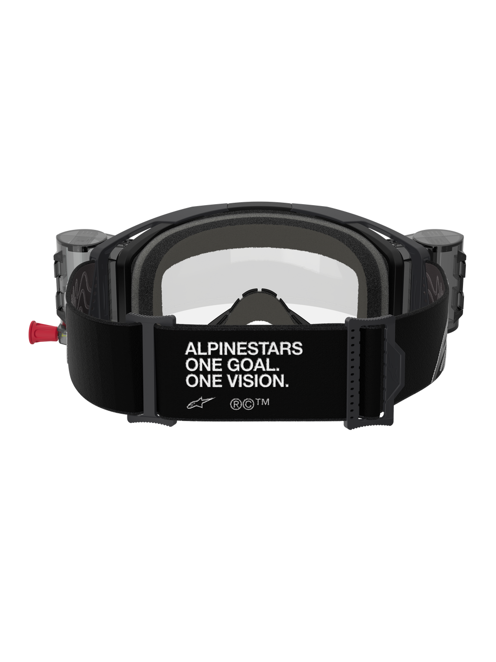 Alpinestars Vision 8 Corp Goggles Roll Off, set bagfra, sort rem med hvidt 'ALPINESTARS ONE GOAL. ONE VISION.' slogan, integrerede roll-off beholdere, klar linse og skumpolstring til motocross-racerløb
