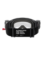 Alpinestars Vision 8 Corp Goggles Roll Off, set bagfra, sort rem med hvidt 'ALPINESTARS ONE GOAL. ONE VISION.' slogan, integrerede roll-off beholdere, klar linse og skumpolstring til motocross-racerløb
