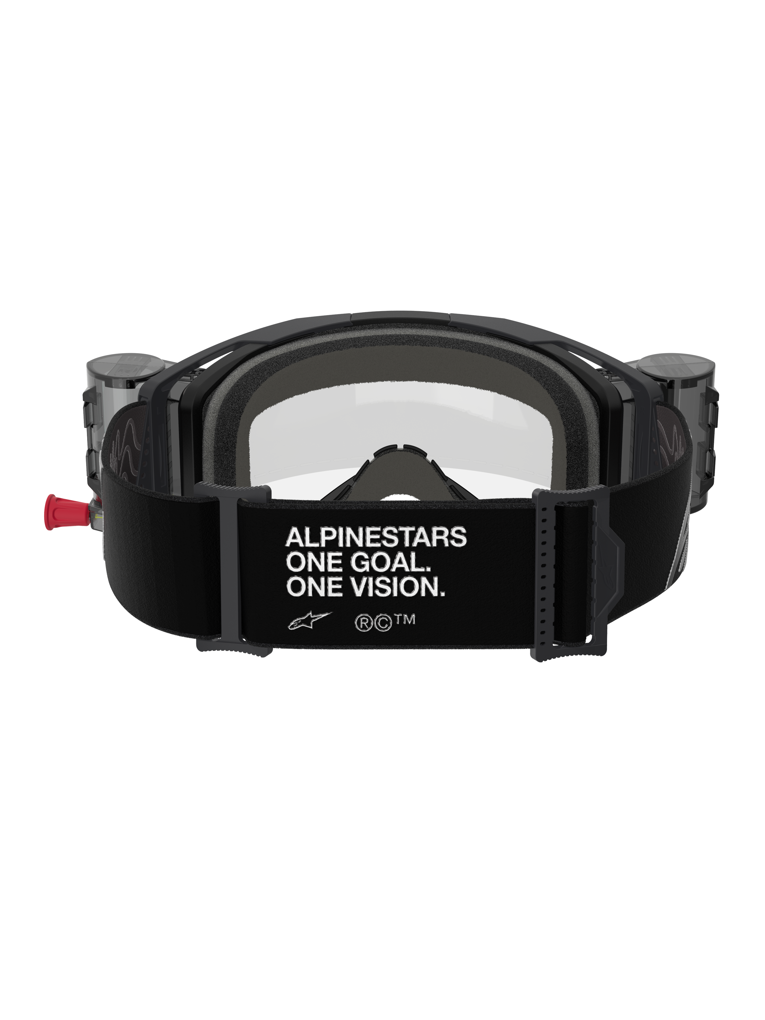 Alpinestars Vision 8 Corp Goggles Roll Off, set bagfra, sort rem med hvidt 'ALPINESTARS ONE GOAL. ONE VISION.' slogan, integrerede roll-off beholdere, klar linse og skumpolstring til motocross-racerløb