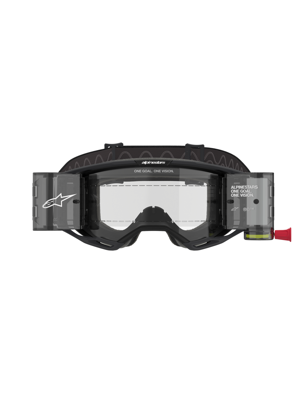 Alpinestars Vision 8 Corp Goggles Roll Off, motocross-briller, sort stel med klar linse, integreret roll-off-system med gennemsigtige beholdere og bred sort rem med branding, professionel øjenbeskyttelse til racing