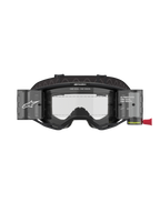 Alpinestars Vision 8 Corp Goggles Roll Off, motocross-briller, sort stel med klar linse, integreret roll-off-system med gennemsigtige beholdere og bred sort rem med branding, professionel øjenbeskyttelse til racing