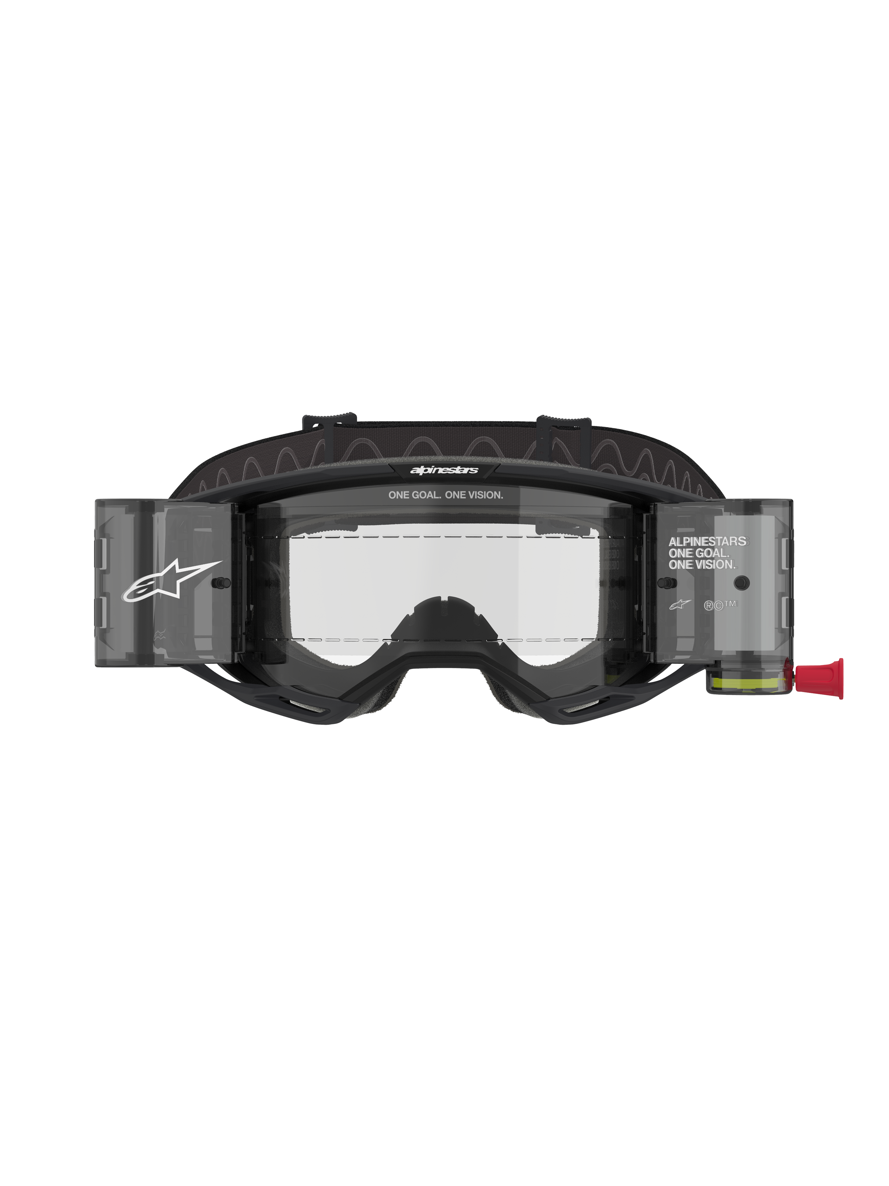 Alpinestars Vision 8 Corp Goggles Roll Off, motocross-briller, sort stel med klar linse, integreret roll-off-system med gennemsigtige beholdere og bred sort rem med branding, professionel øjenbeskyttelse til racing