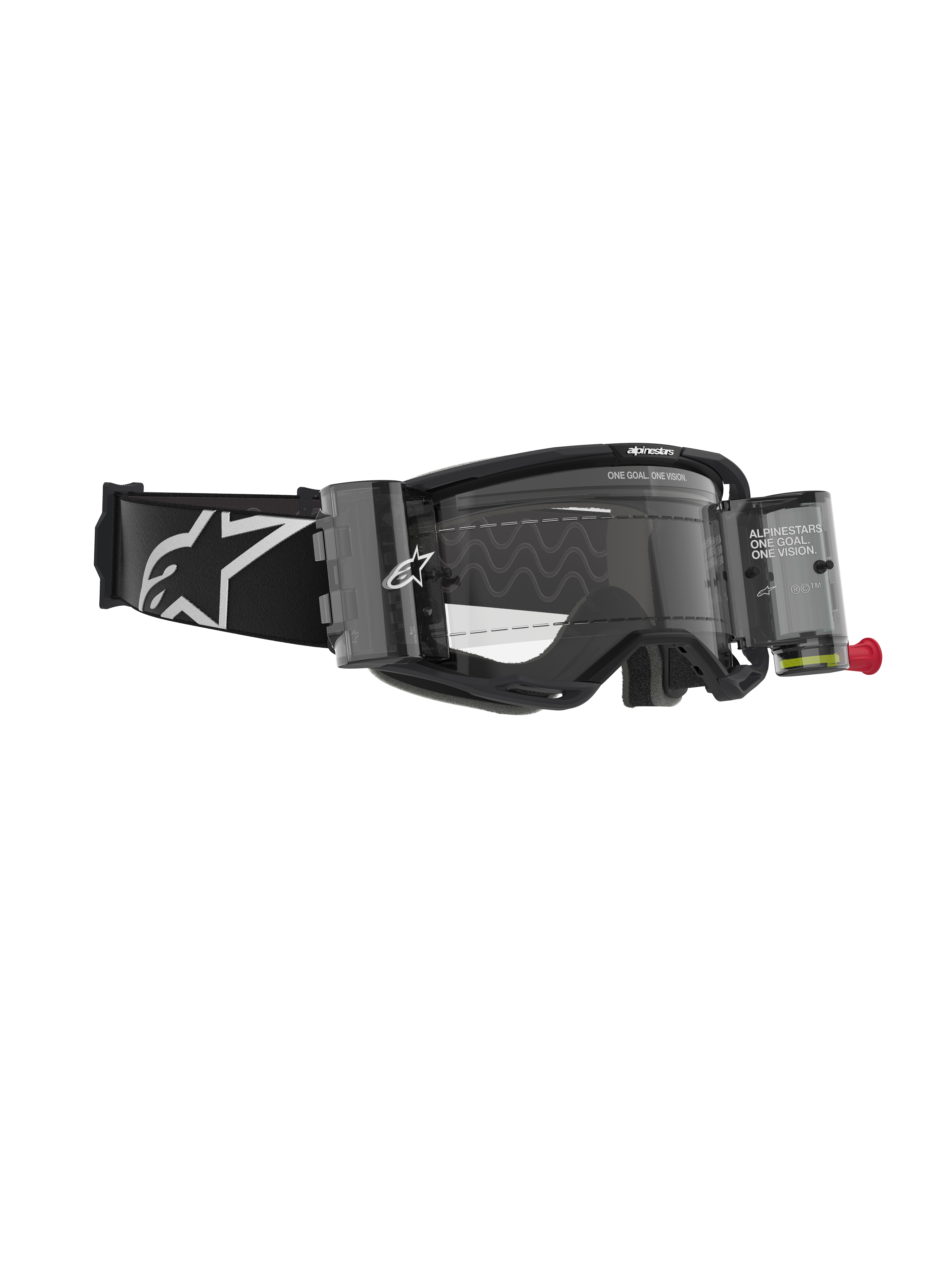 Alpinestars Vision 8 Corp Goggles, motocrossbriller med roll-off-system, sort og klar, med gennemsigtige filmbeholdere, klar linse og en bred sort rem med et stort hvidt Alpinestars-logo