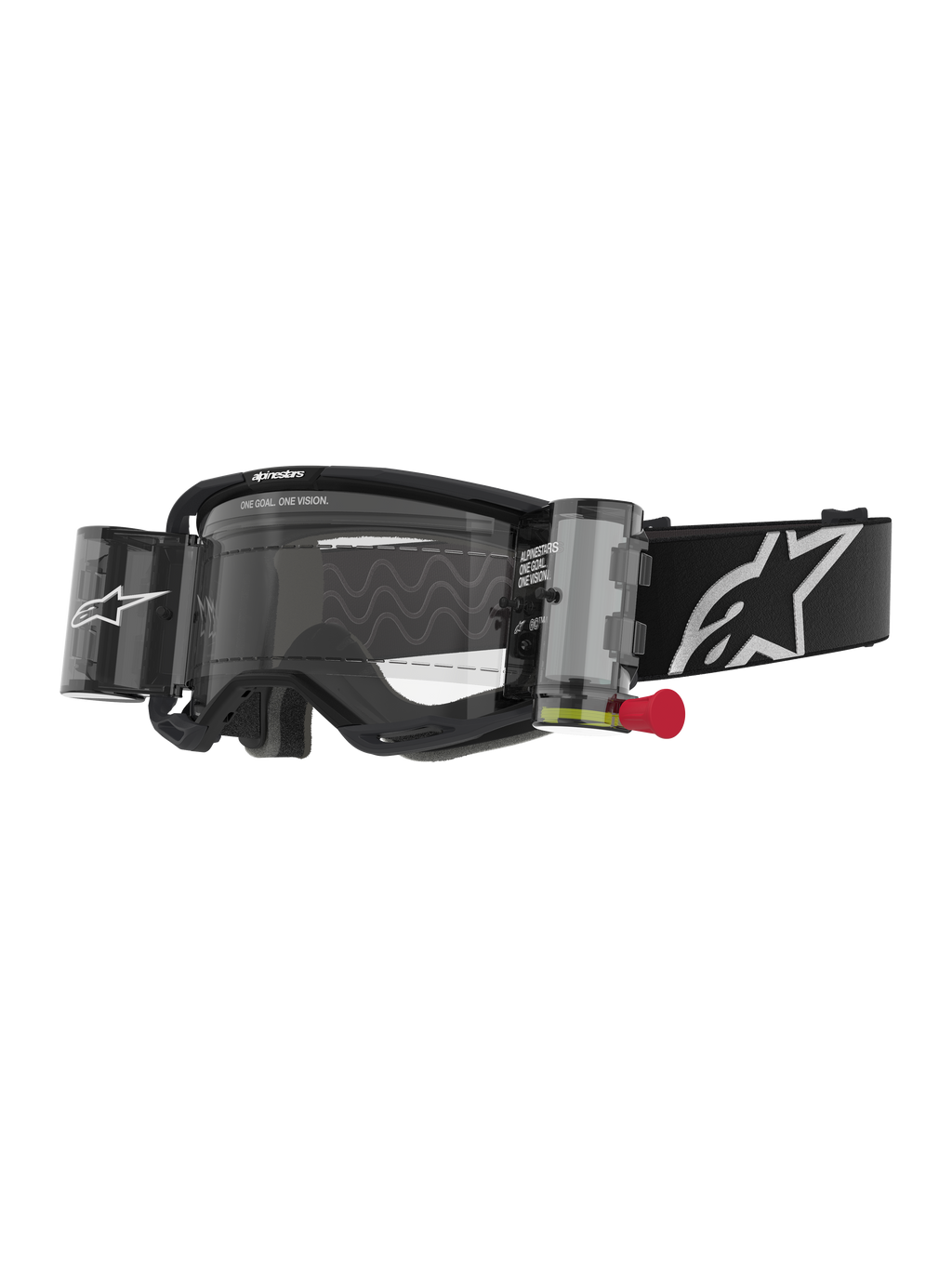 Alpinestars Vision 8 Corp Goggles Roll Off, motocross-beskyttelsesbriller, sort og klar, integreret roll-off system med rød trækfane, sort rem med hvidt logo, bølget linsemønster med "ONE GOAL. ONE VISION." tekst, højtydende øjenbeskyttelse til off-road racing