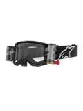 Alpinestars Vision 8 Corp Goggles Roll Off, motocross-beskyttelsesbriller, sort og klar, integreret roll-off system med rød trækfane, sort rem med hvidt logo, bølget linsemønster med "ONE GOAL. ONE VISION." tekst, højtydende øjenbeskyttelse til off-road racing