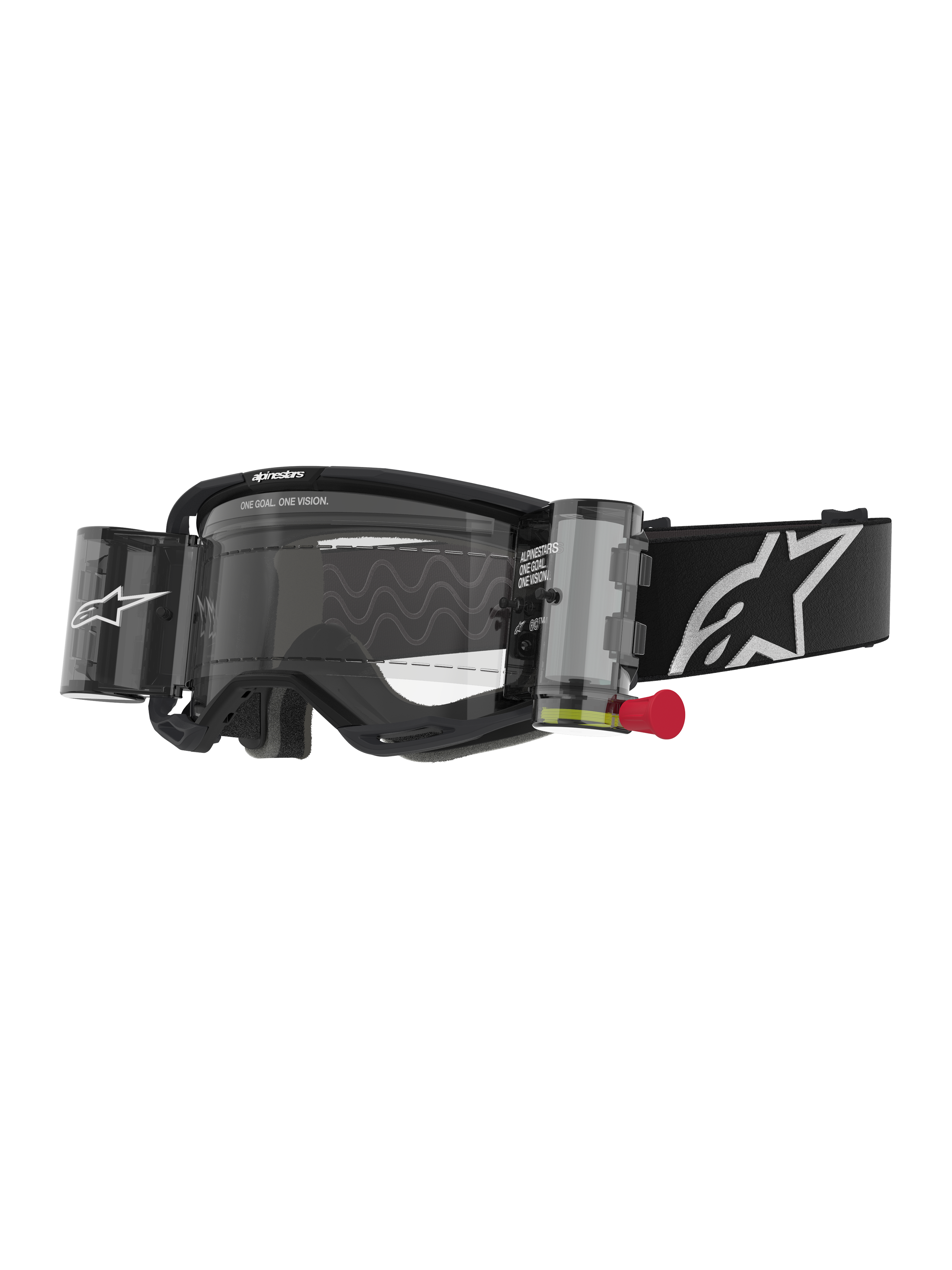 Alpinestars Vision 8 Corp Goggles Roll Off, motocross-beskyttelsesbriller, sort og klar, integreret roll-off system med rød trækfane, sort rem med hvidt logo, bølget linsemønster med "ONE GOAL. ONE VISION." tekst, højtydende øjenbeskyttelse til off-road racing