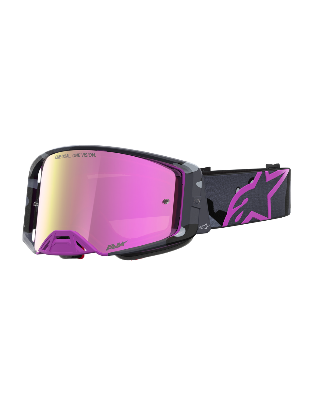 Alpinestars Supertech Lone Goggles, limited edition motocross goggles med spejllyserød linse, lilla camouflage stel og trykt rem med Astars-logo