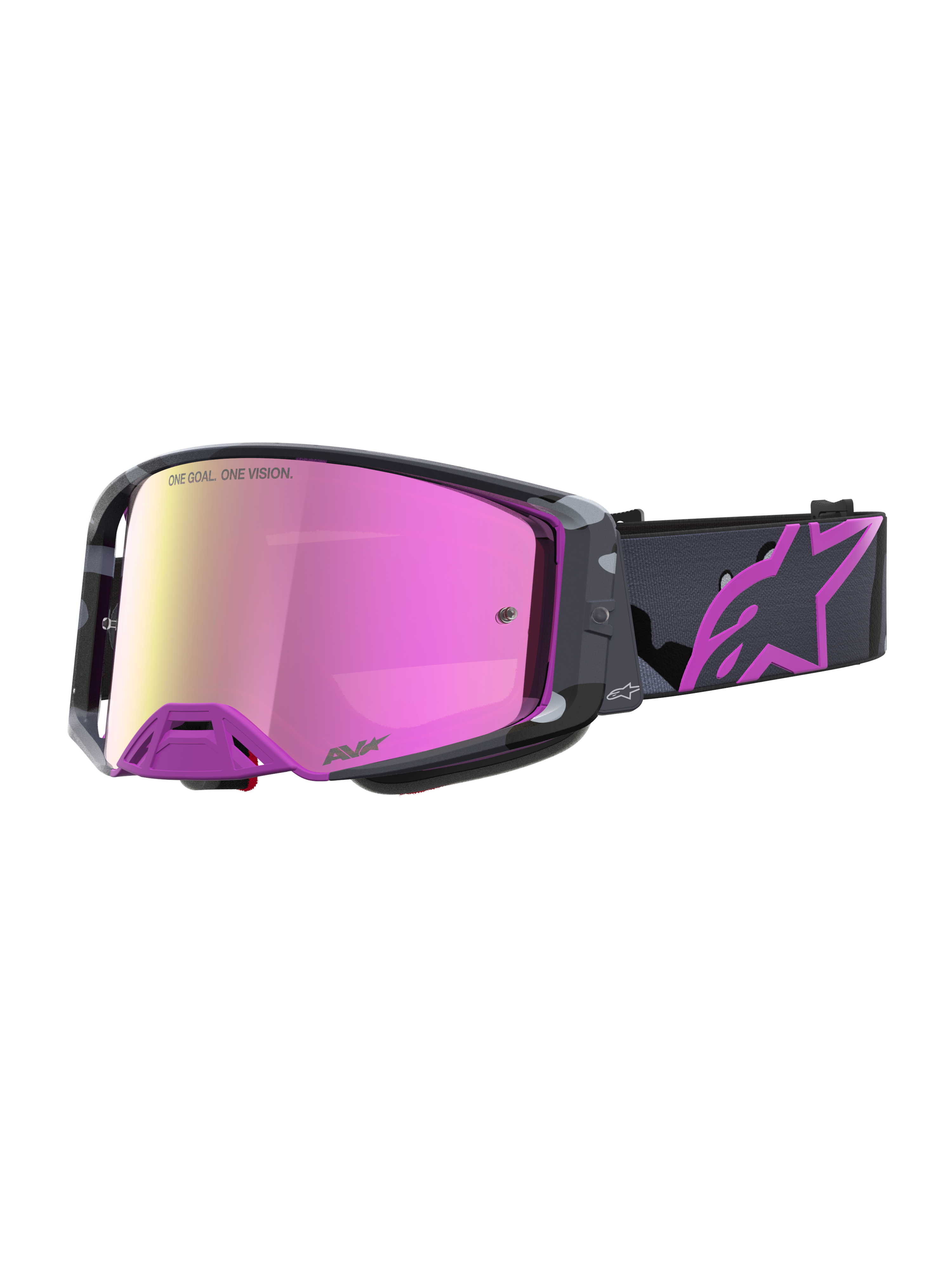 Alpinestars Supertech Lone Goggles, limited edition motocross goggles med spejllyserød linse, lilla camouflage stel og trykt rem med Astars-logo