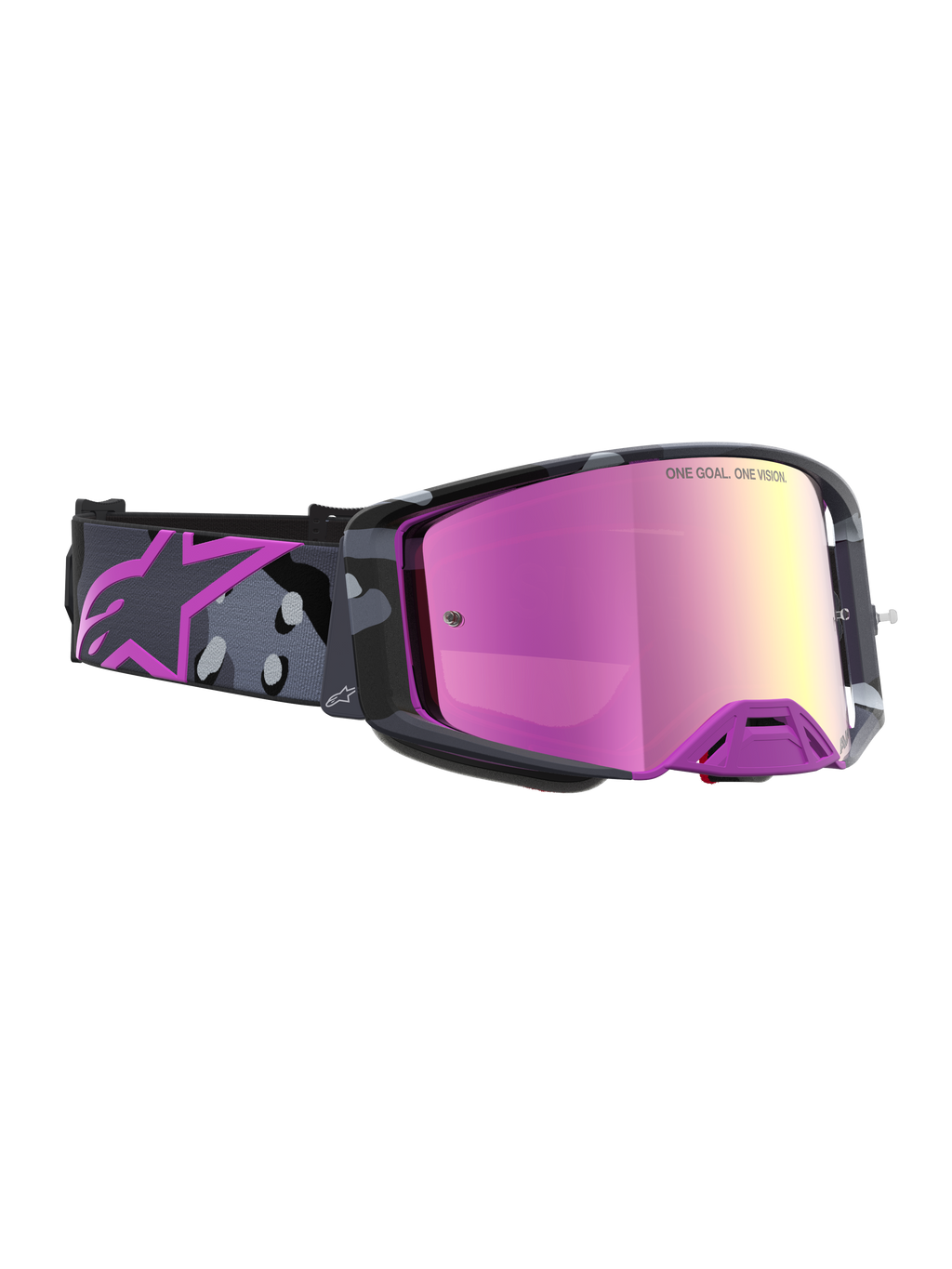 Alpinestars Supertech Lone Goggles, motocross goggles med spejllyserød linse og lilla camostrop, avanceret airflow-ventilation