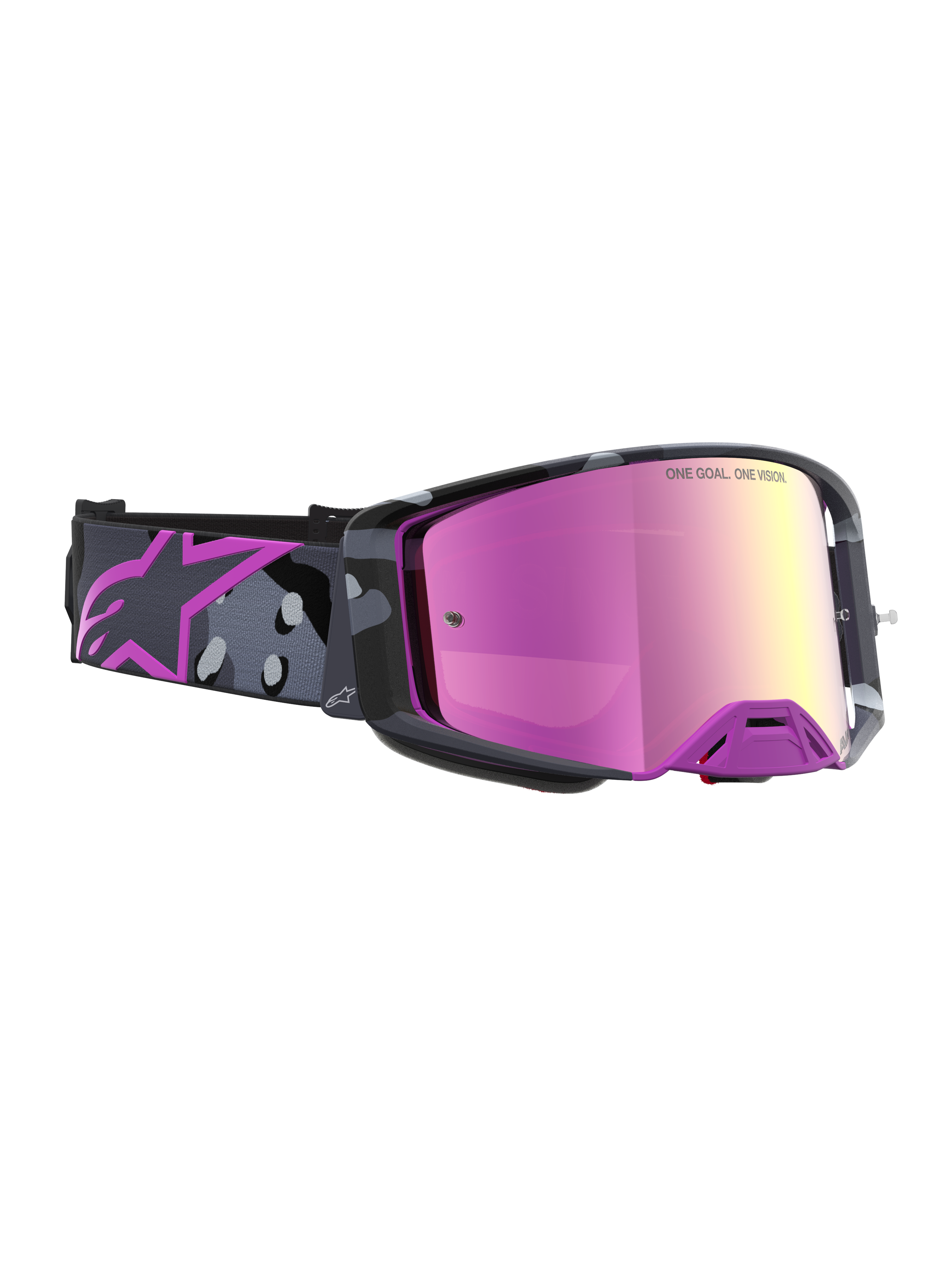 Alpinestars Supertech Lone Goggles, motocross goggles med spejllyserød linse og lilla camostrop, avanceret airflow-ventilation