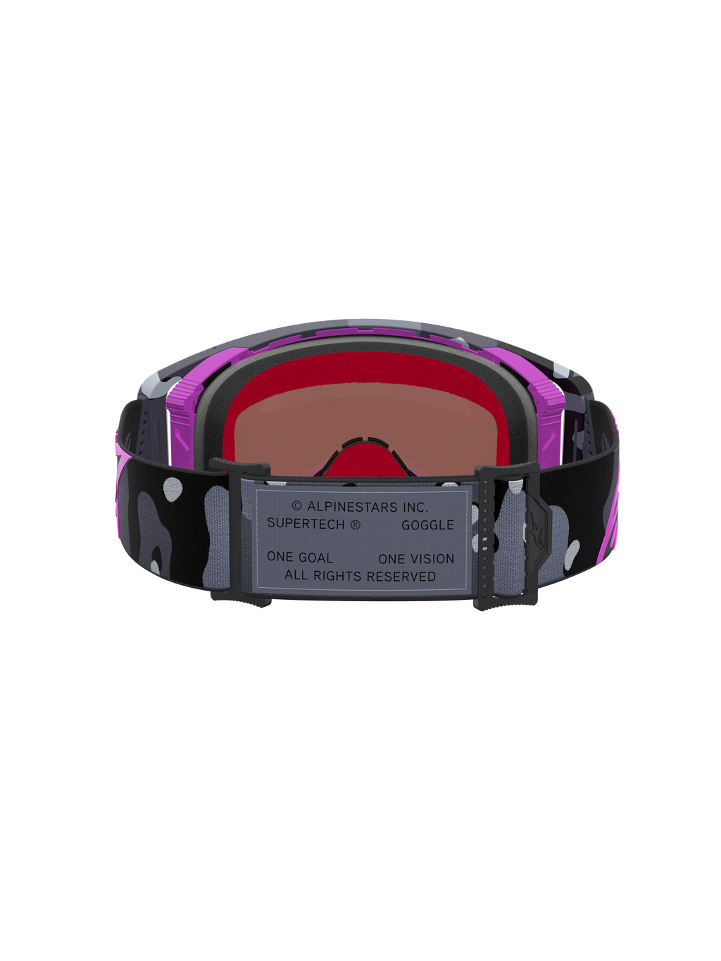Alpinestars Supertech Lone Goggles, motocross- og supercross-goggles med camo-rem og spejlet pink linse, lilla og sort, høj kontrast og avanceret fugthåndtering