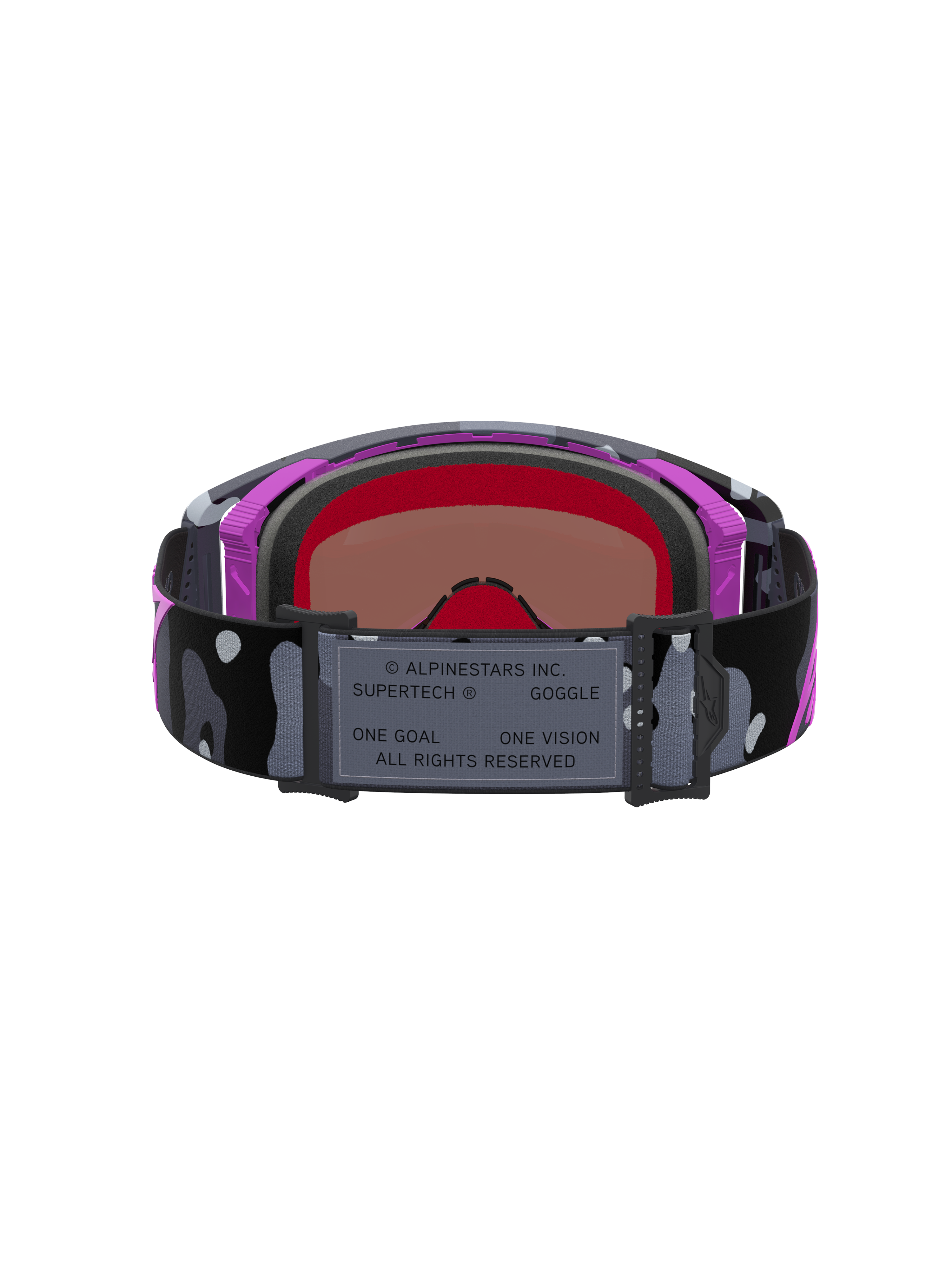 Alpinestars Supertech Lone Goggles, motocross- og supercross-goggles med camo-rem og spejlet pink linse, lilla og sort, høj kontrast og avanceret fugthåndtering