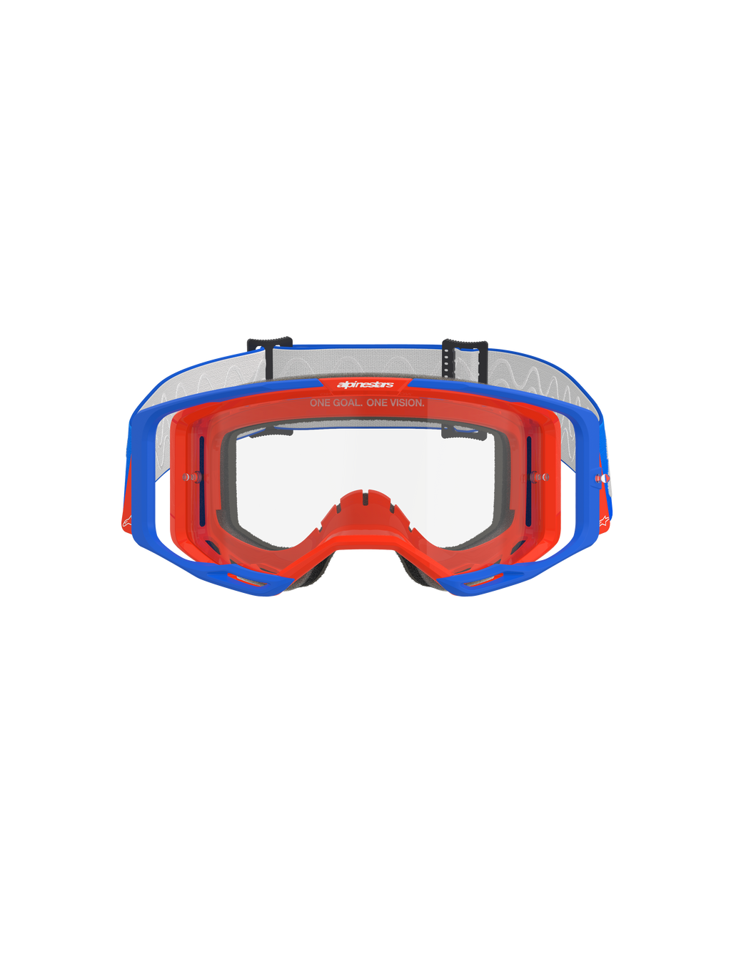 Alpinestars Vision 8 Wordmark Goggles, motocross-briller, blå og orange med klar linse, set forfra, med en tofarvet fleksibel ramme, bredt perifert linsedesign og 'One Goal. One Vision.'-branding på den øverste indvendige ramme.