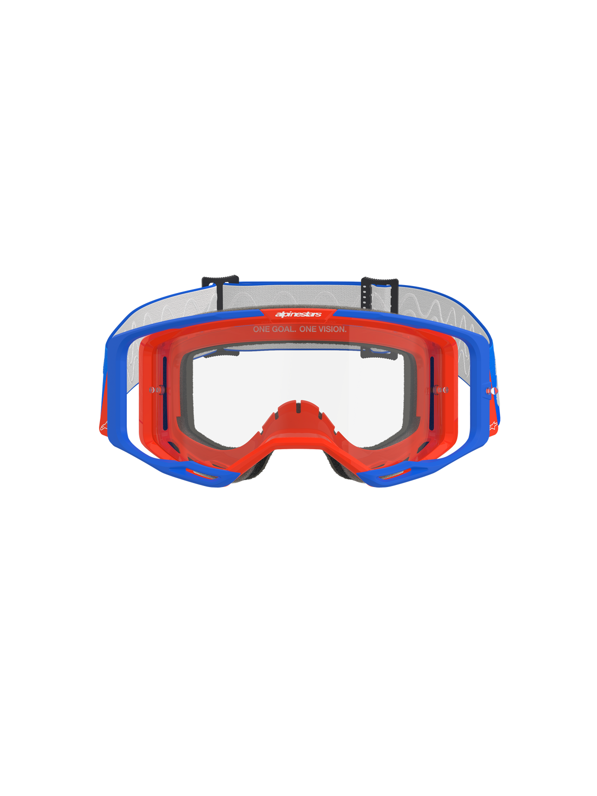 Alpinestars Vision 8 Wordmark Goggles, motocross-briller, blå og orange med klar linse, set forfra, med en tofarvet fleksibel ramme, bredt perifert linsedesign og 'One Goal. One Vision.'-branding på den øverste indvendige ramme.