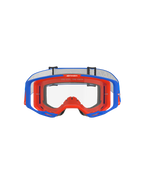 Alpinestars Vision 8 Wordmark Goggles, motocross-briller, blå og orange med klar linse, set forfra, med en tofarvet fleksibel ramme, bredt perifert linsedesign og 'One Goal. One Vision.'-branding på den øverste indvendige ramme.