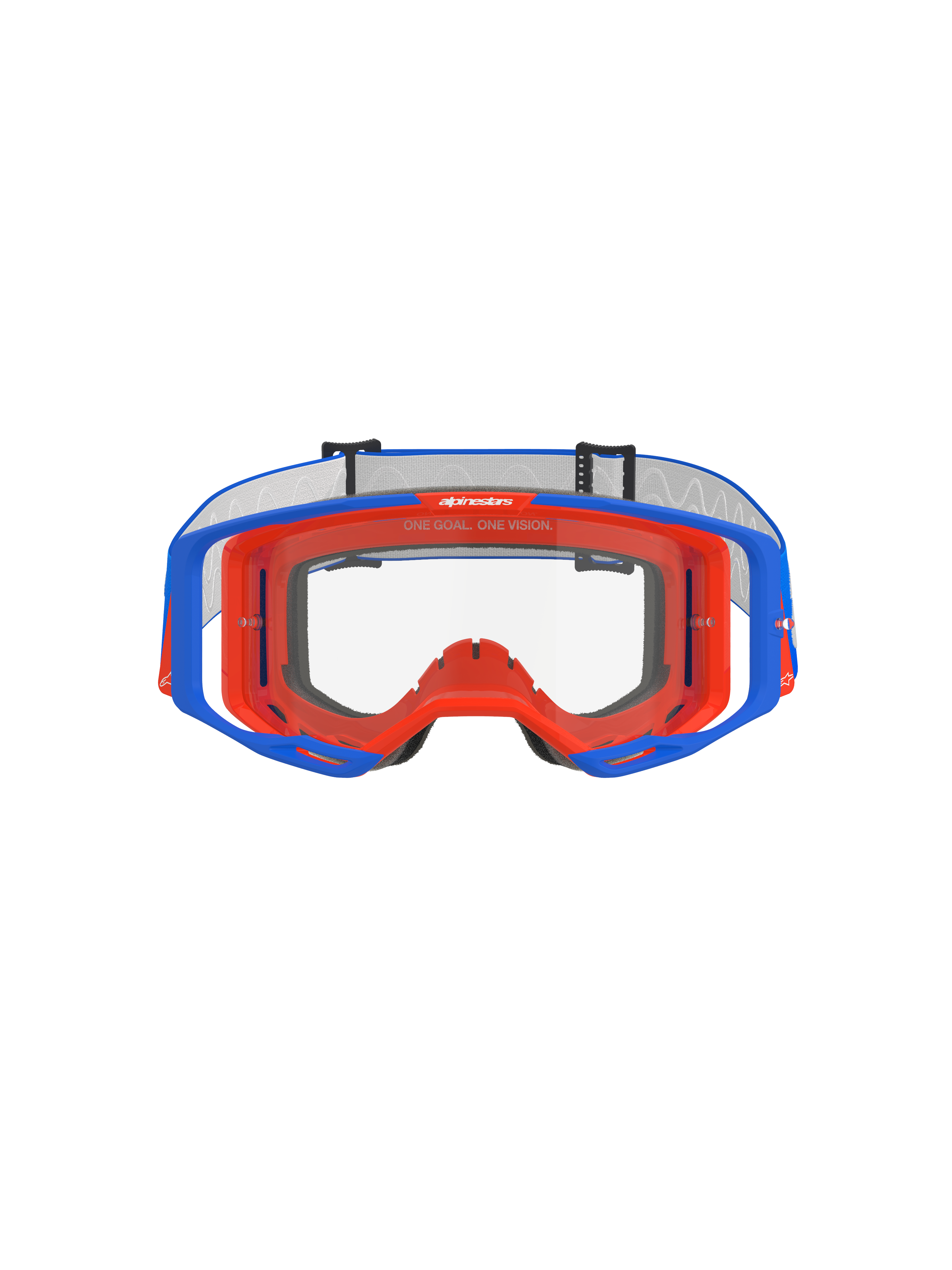 Alpinestars Vision 8 Wordmark Goggles, motocross-briller, blå og orange med klar linse, set forfra, med en tofarvet fleksibel ramme, bredt perifert linsedesign og 'One Goal. One Vision.'-branding på den øverste indvendige ramme.
