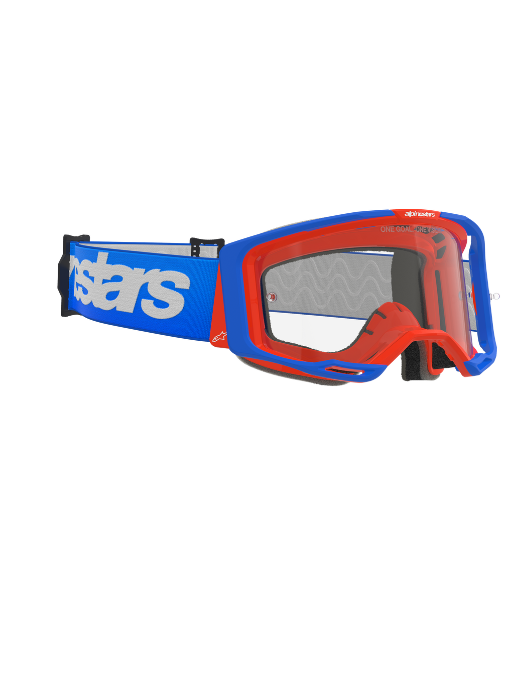 Alpinestars Vision 8 Wordmark goggles, motocross-briller, blå og orange, klar anti-dug linse, bred blå rem med hvidt Alpinestars branding, vinklet ramme med outrigger-system, højtydende off-road racing beskyttelsesbriller