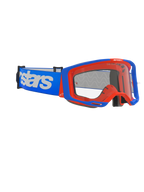 Alpinestars Vision 8 Wordmark goggles, motocross-briller, blå og orange, klar anti-dug linse, bred blå rem med hvidt Alpinestars branding, vinklet ramme med outrigger-system, højtydende off-road racing beskyttelsesbriller