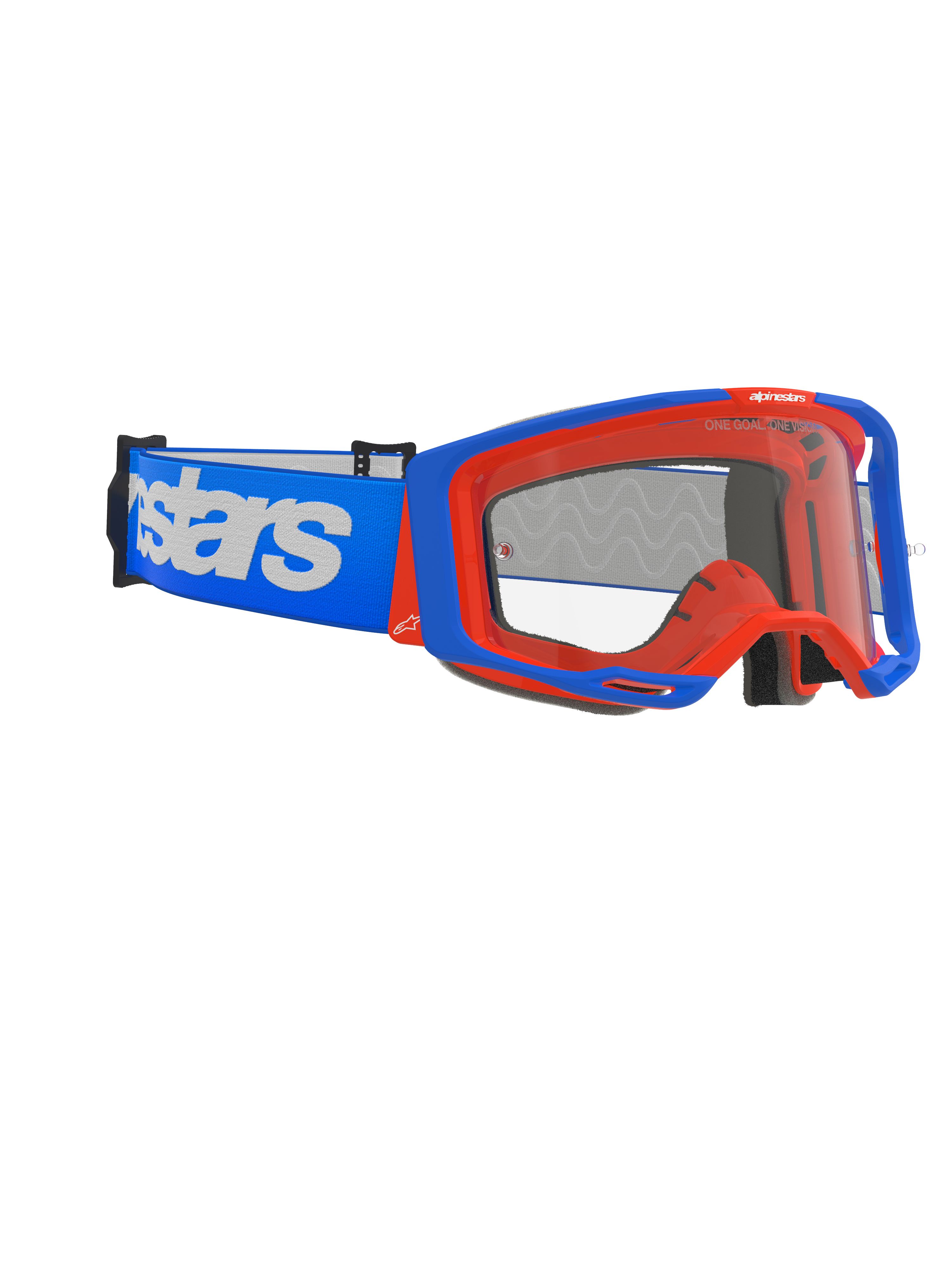 Alpinestars Vision 8 Wordmark goggles, motocross-briller, blå og orange, klar anti-dug linse, bred blå rem med hvidt Alpinestars branding, vinklet ramme med outrigger-system, højtydende off-road racing beskyttelsesbriller