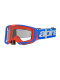 Alpinestars Vision 8 Wordmark briller, motocross-beskyttelsesbriller, blå og orange, klar linse, bred blå rem med hvidt Alpinestars wordmark, sort skumpolstring, atletisk design med synlige ventilationsporte til off-road ydeevne