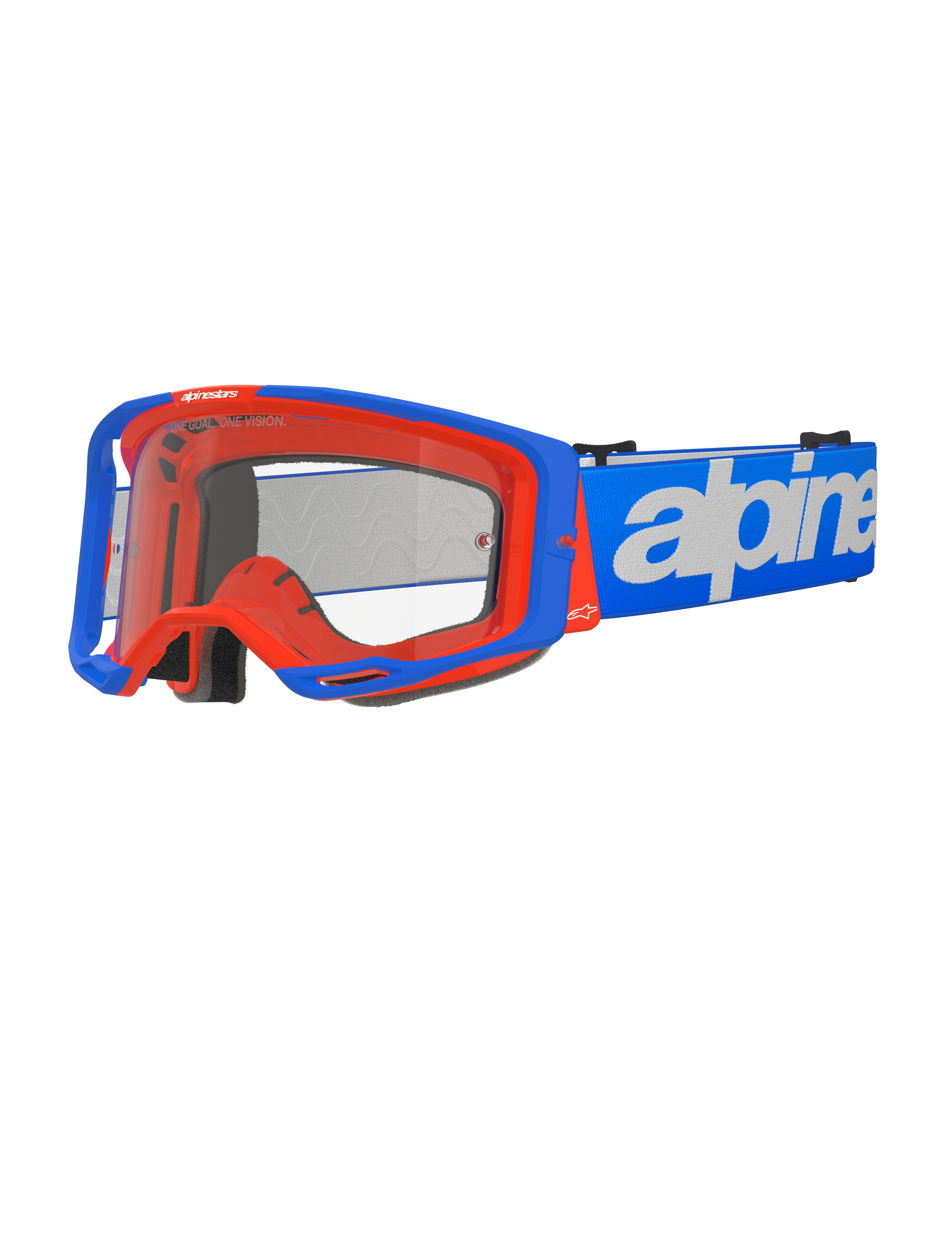 Alpinestars Vision 8 Wordmark briller, motocross-beskyttelsesbriller, blå og orange, klar linse, bred blå rem med hvidt Alpinestars wordmark, sort skumpolstring, atletisk design med synlige ventilationsporte til off-road ydeevne