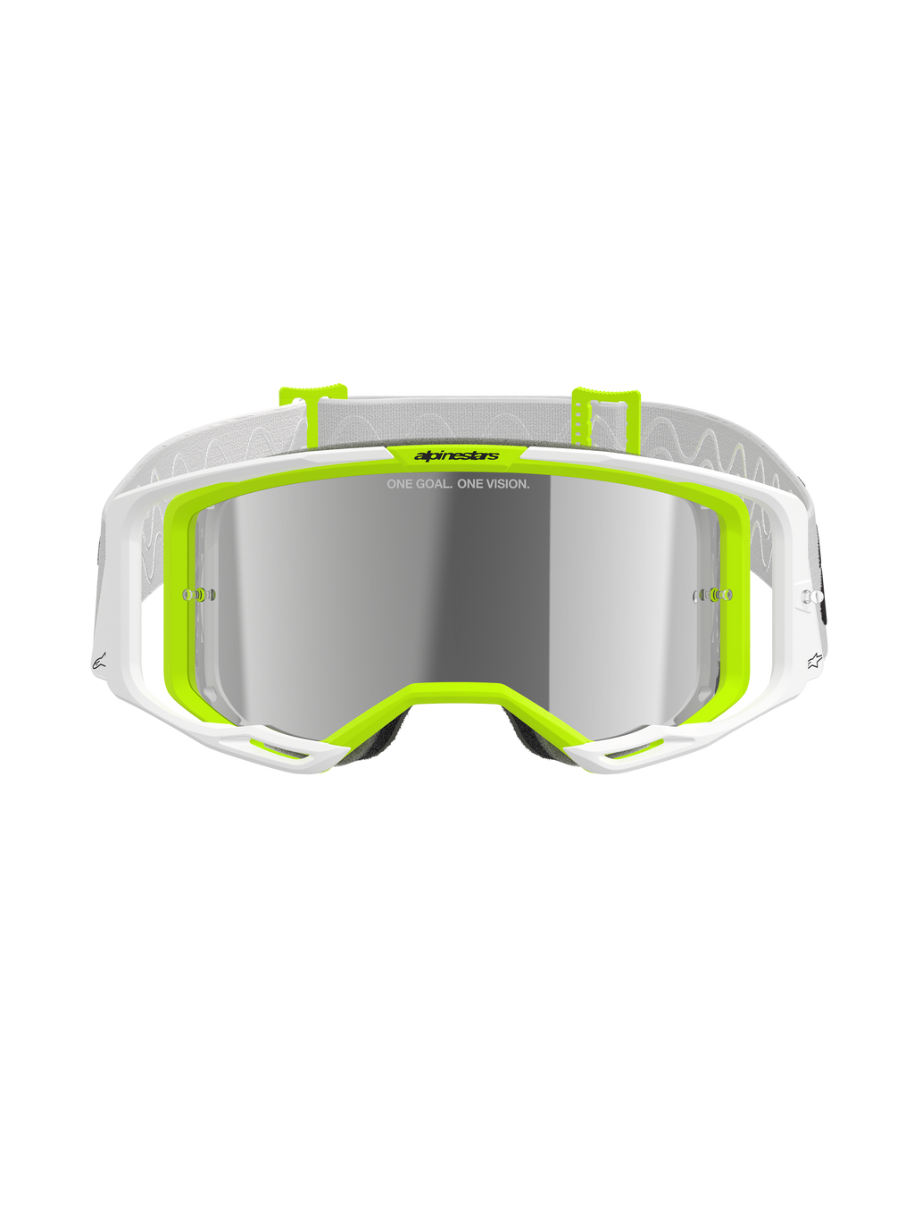 Alpinestars Vision 8 Wordmark briller, motocross-briller, hvid og gul fluo, sølv spejl-linse med 'ONE GOAL. ONE VISION.' tekst, bredt synsfelt, hvid rem med grå detaljer, performance off-road briller