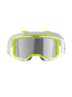 Alpinestars Vision 8 Wordmark briller, motocross-briller, hvid og gul fluo, sølv spejl-linse med 'ONE GOAL. ONE VISION.' tekst, bredt synsfelt, hvid rem med grå detaljer, performance off-road briller