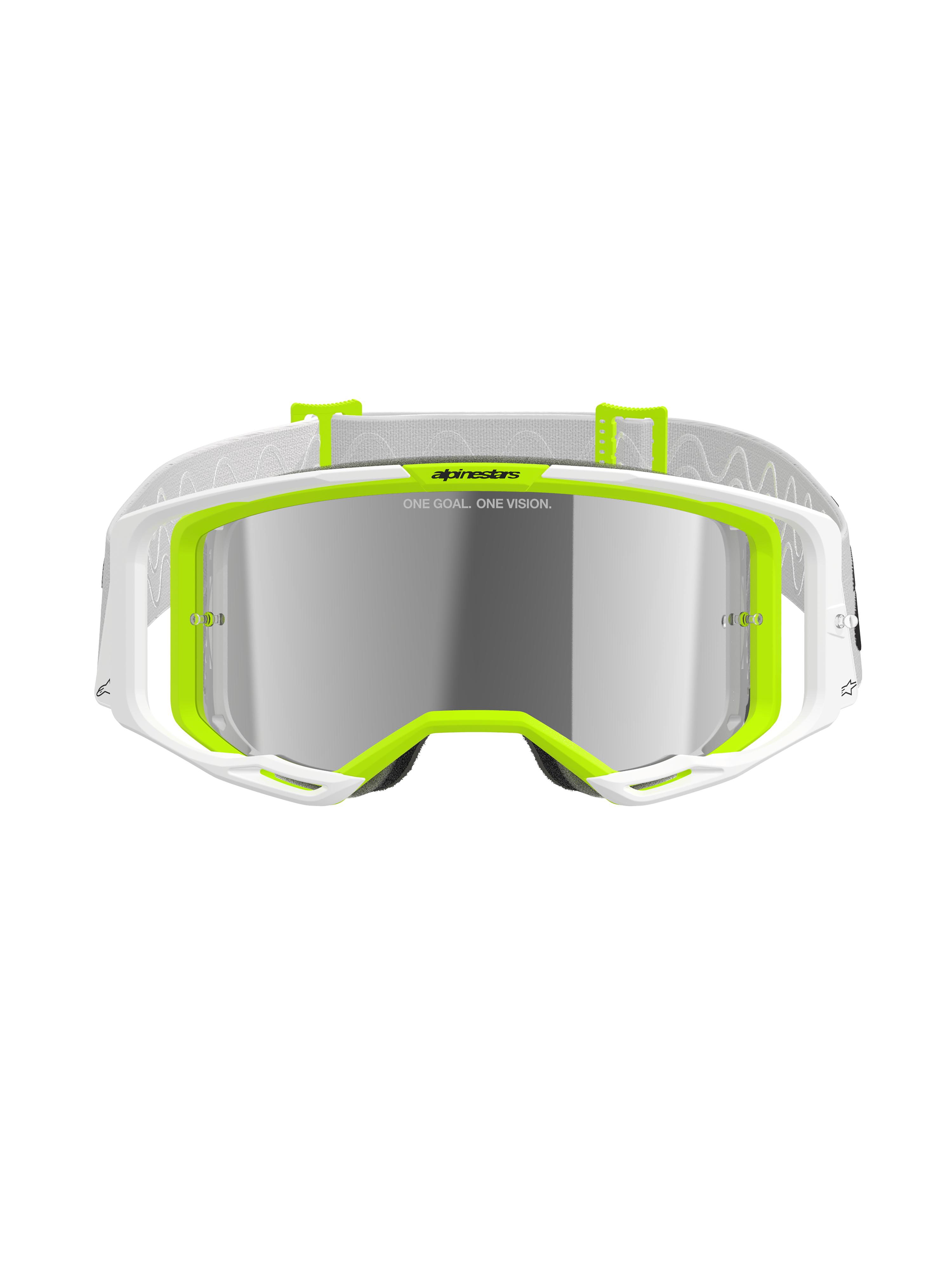 Alpinestars Vision 8 Wordmark briller, motocross-briller, hvid og gul fluo, sølv spejl-linse med 'ONE GOAL. ONE VISION.' tekst, bredt synsfelt, hvid rem med grå detaljer, performance off-road briller