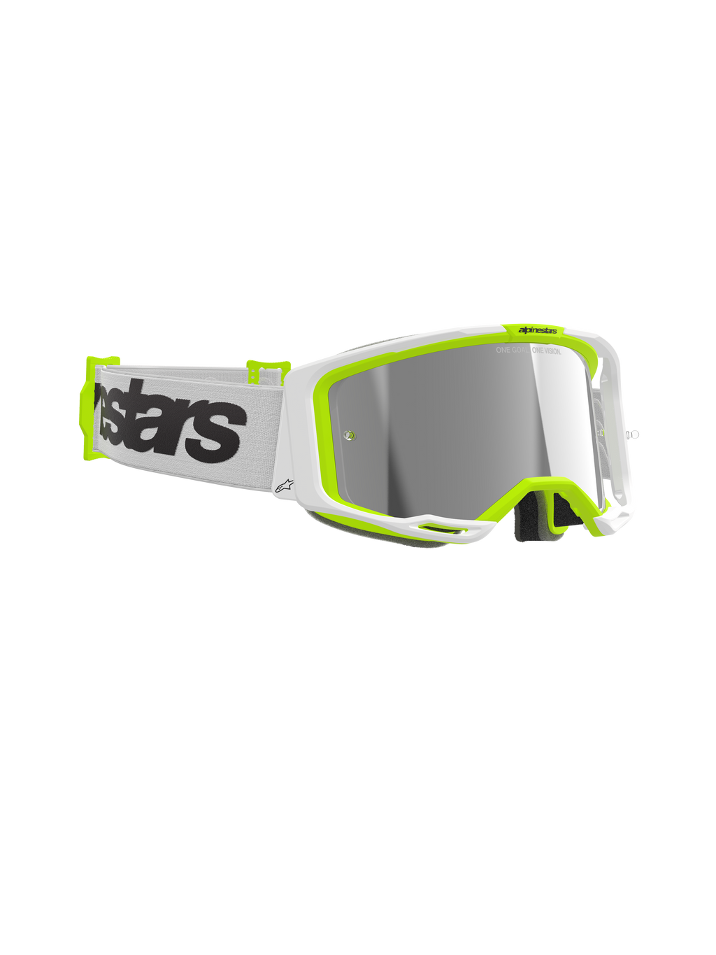 Alpinestars Vision 8 Wordmark briller, motocross-briller, hvid og fluo-gul ramme, Mirror Silver-linse, hvid vævet rem med markant sort branding, højtydende øjenbeskyttelse til terrænkørsel