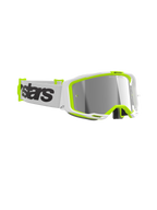 Alpinestars Vision 8 Wordmark briller, motocross-briller, hvid og fluo-gul ramme, Mirror Silver-linse, hvid vævet rem med markant sort branding, højtydende øjenbeskyttelse til terrænkørsel