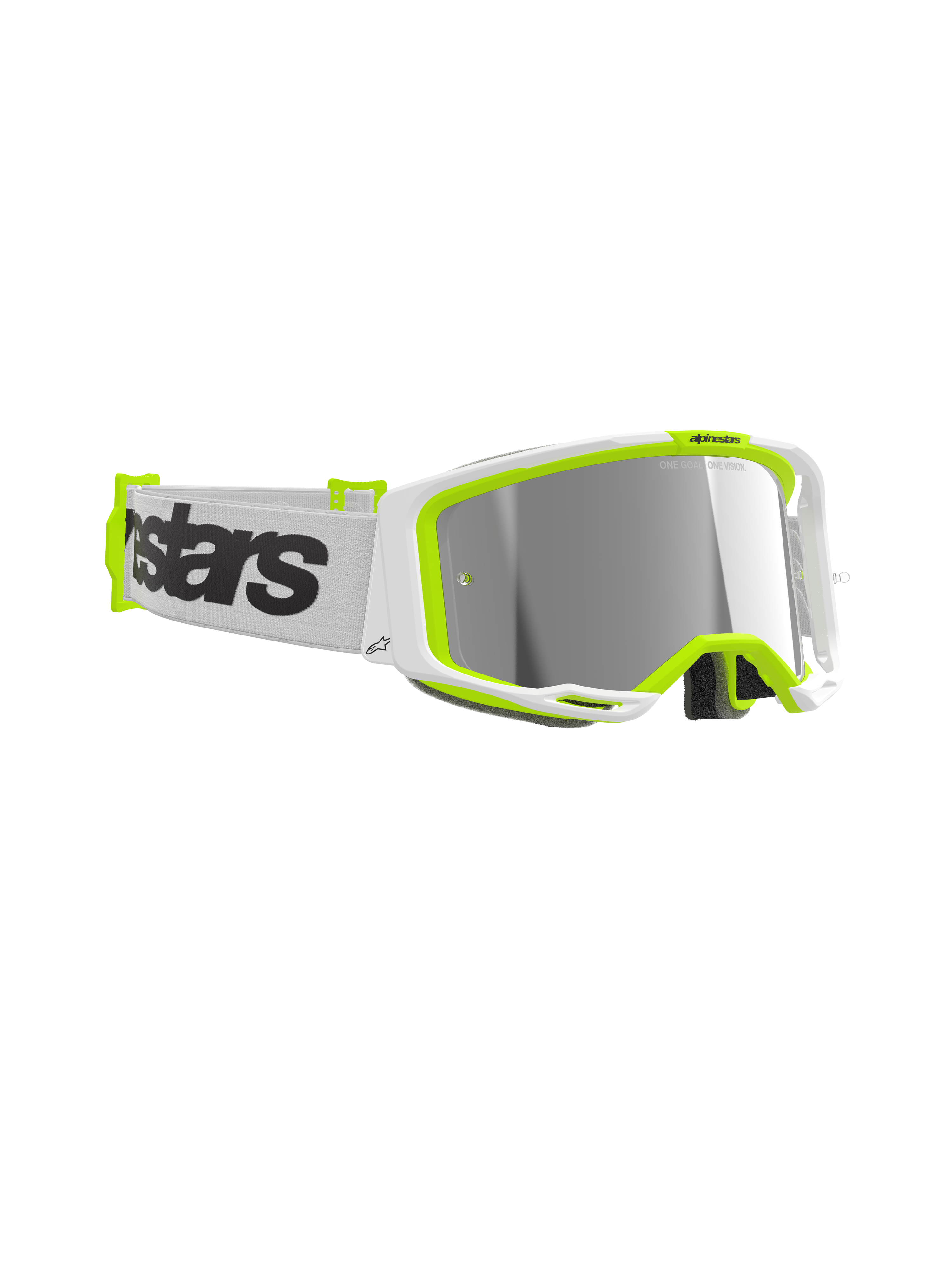 Alpinestars Vision 8 Wordmark briller, motocross-briller, hvid og fluo-gul ramme, Mirror Silver-linse, hvid vævet rem med markant sort branding, højtydende øjenbeskyttelse til terrænkørsel