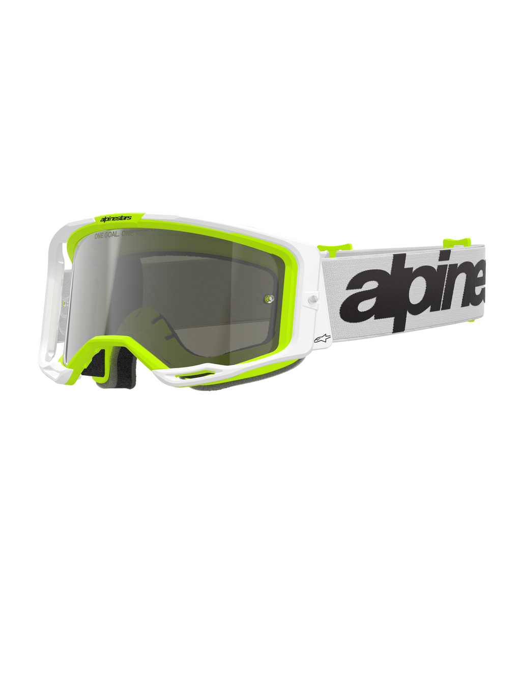 Alpinestars Vision 8 Wordmark Goggles, motocross-briller, hvid og fluorescerende gul ramme med Silver Mirror-linse, hvid rem med markant sort branding og A-FLEX-ramme for ydeevne til off-road racing.