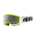Alpinestars Vision 8 Wordmark Goggles, motocross-briller, hvid og fluorescerende gul ramme med Silver Mirror-linse, hvid rem med markant sort branding og A-FLEX-ramme for ydeevne til off-road racing.