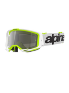 Alpinestars Vision 8 Wordmark Goggles, motocross-briller, hvid og fluorescerende gul ramme med Silver Mirror-linse, hvid rem med markant sort branding og A-FLEX-ramme for ydeevne til off-road racing.